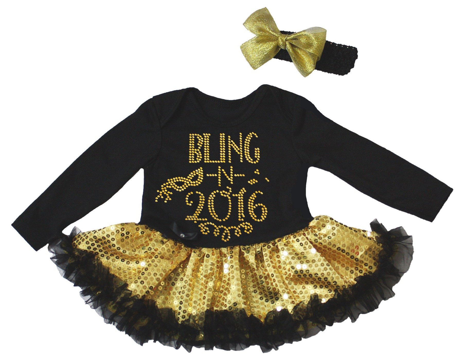 2016 New Year Black Long Sleeve Gold Sequin Tutu Romper Dress for Baby Girls NB-18 Months - Perfect for Holiday Parties, Photo Shoots & Special Occasions