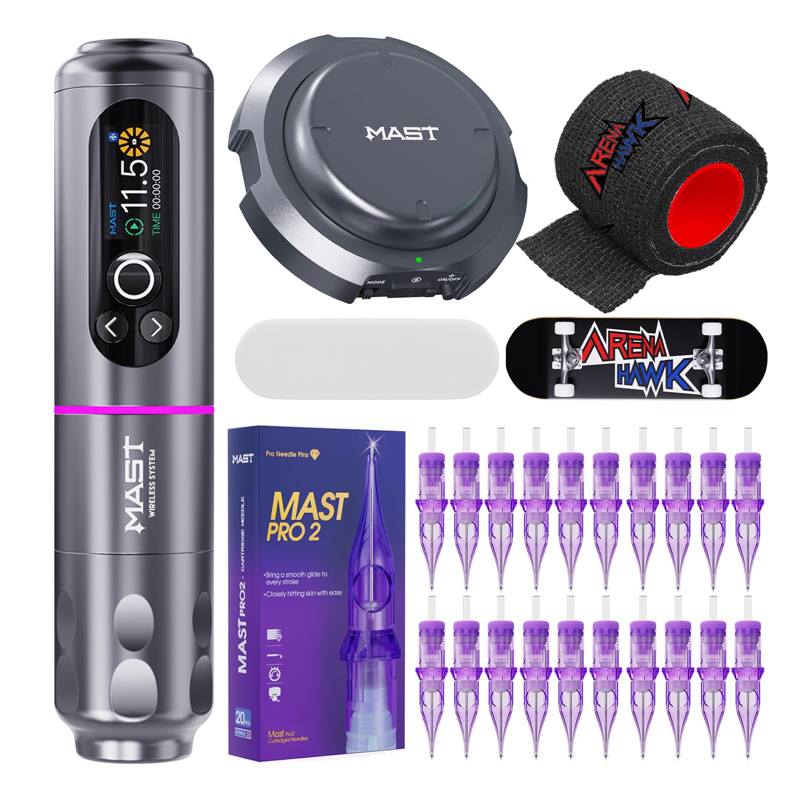 Mast Archer2 Wireless Tattoo Pen Machine Kit - Professional Cordless Tattoo Gun with Foot Pedal, Needles & Cartridges for Tattoo Artists | Perfect for Studio & Home Tattooing