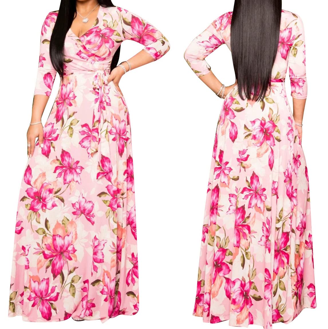 JTNFairy Women's Floral Print Long Maxi Dress - Plus Size Casual & Party Outfits for Beach, Wedding & Summer Vacations