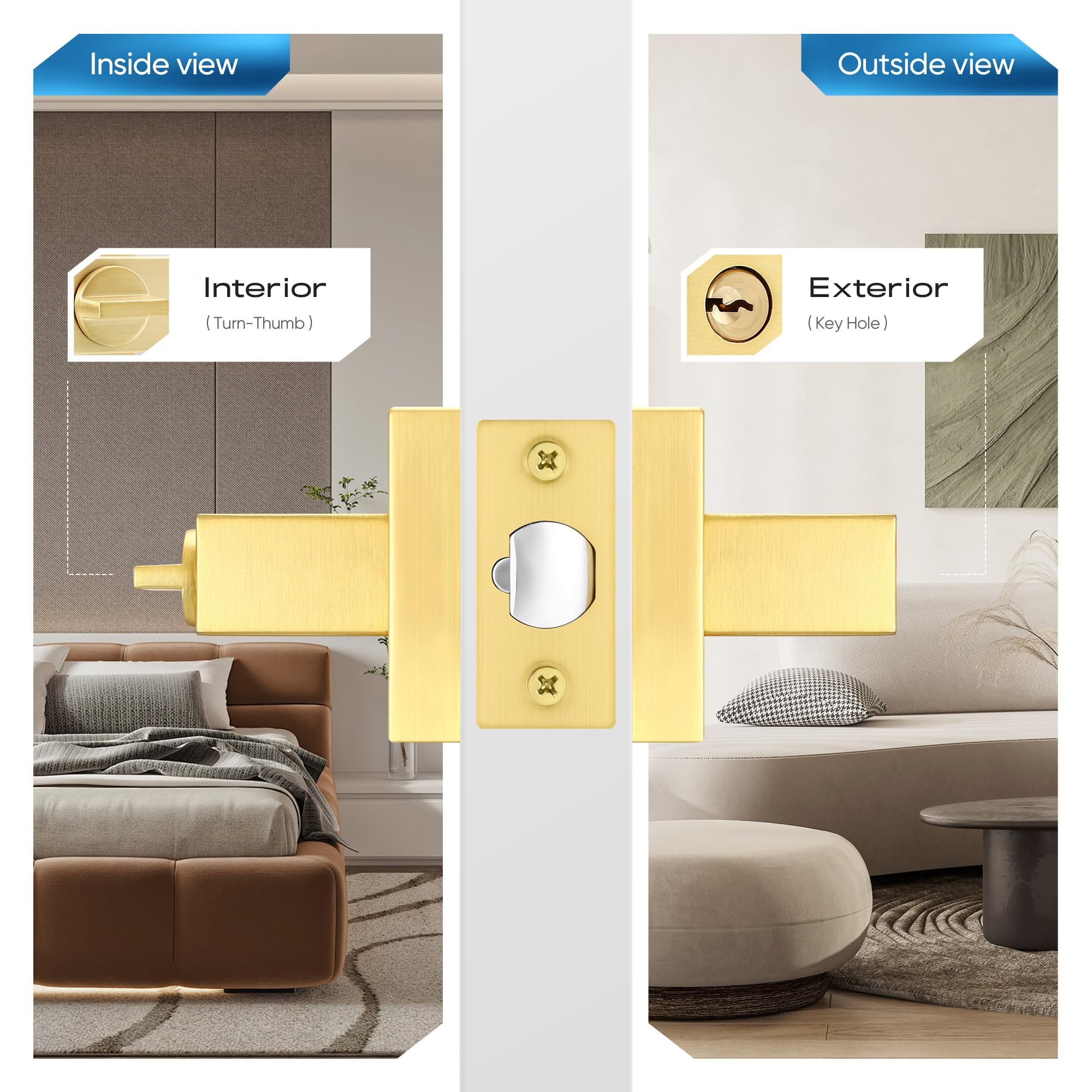 1 Pack Heavy Duty Square Door Lock with Key - Gold/Satin Brass Finish - Reversible Handle for Left/Right Hand (Different Keys) - Ideal for Home, Office & Commercial Security