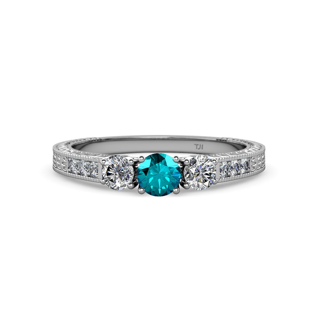 London Blue Topaz & Diamond Milgrain 3 Stone Ring - 0.85ctw Side Diamonds in 14K White Gold | Elegant Engagement, Anniversary & Gift Jewelry for Women
