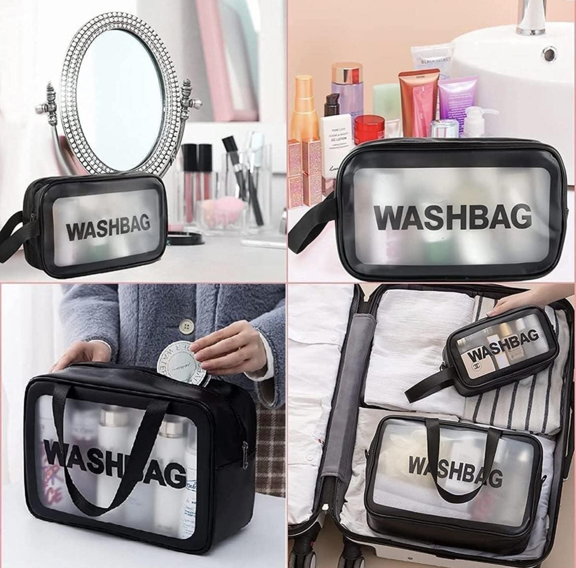 Pristu Clear Waterproof Makeup Pouch Set - Travel Cosmetic Organizer Bag for Women & Girls - Toiletry Storage Kit for Cosmetics, Brushes & Accessories (Black) | Perfect for Travel, Gym & Daily Organization