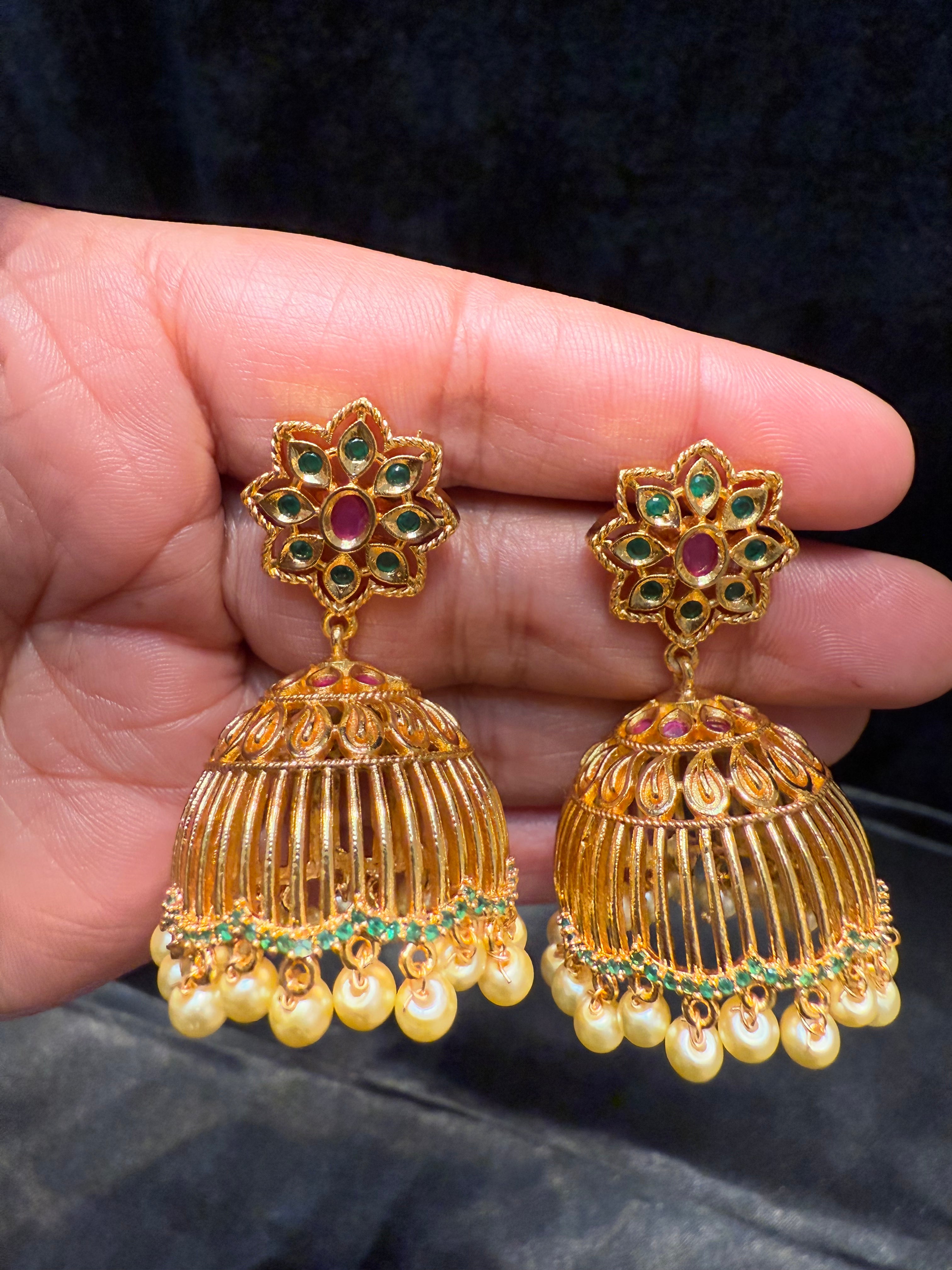 Exquisite Gold Plated Jhumka Earrings with Pink & Green Gemstones and Pearl Drops | Traditional Indian Jewelry for Weddings, Parties & Festive Occasions