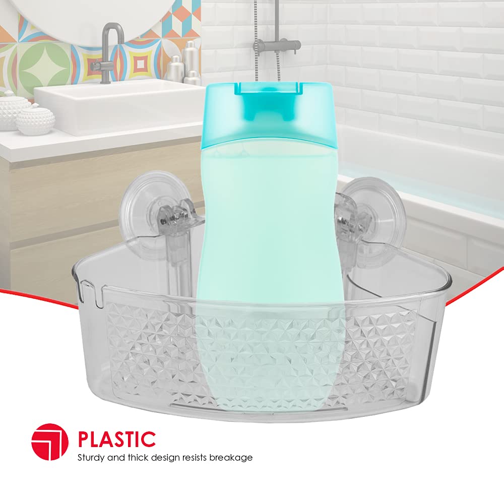 Large Clear Plastic Corner Shower Caddy with Suction Cups - Home Basics Cubic Pattern Bathroom Organizer (2-Pack) | Perfect for Small Showers & Apartment Bathrooms