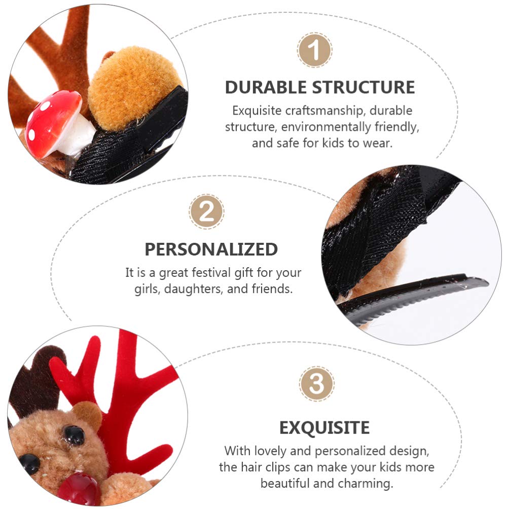 2 Pairs Christmas Antlers Hair Clips with Pine Cone & Mushroom Plush Balls - Festive Holiday Hair Accessories for Women, Men & Kids - Perfect for Xmas Parties, Family Gatherings & Holiday Photos