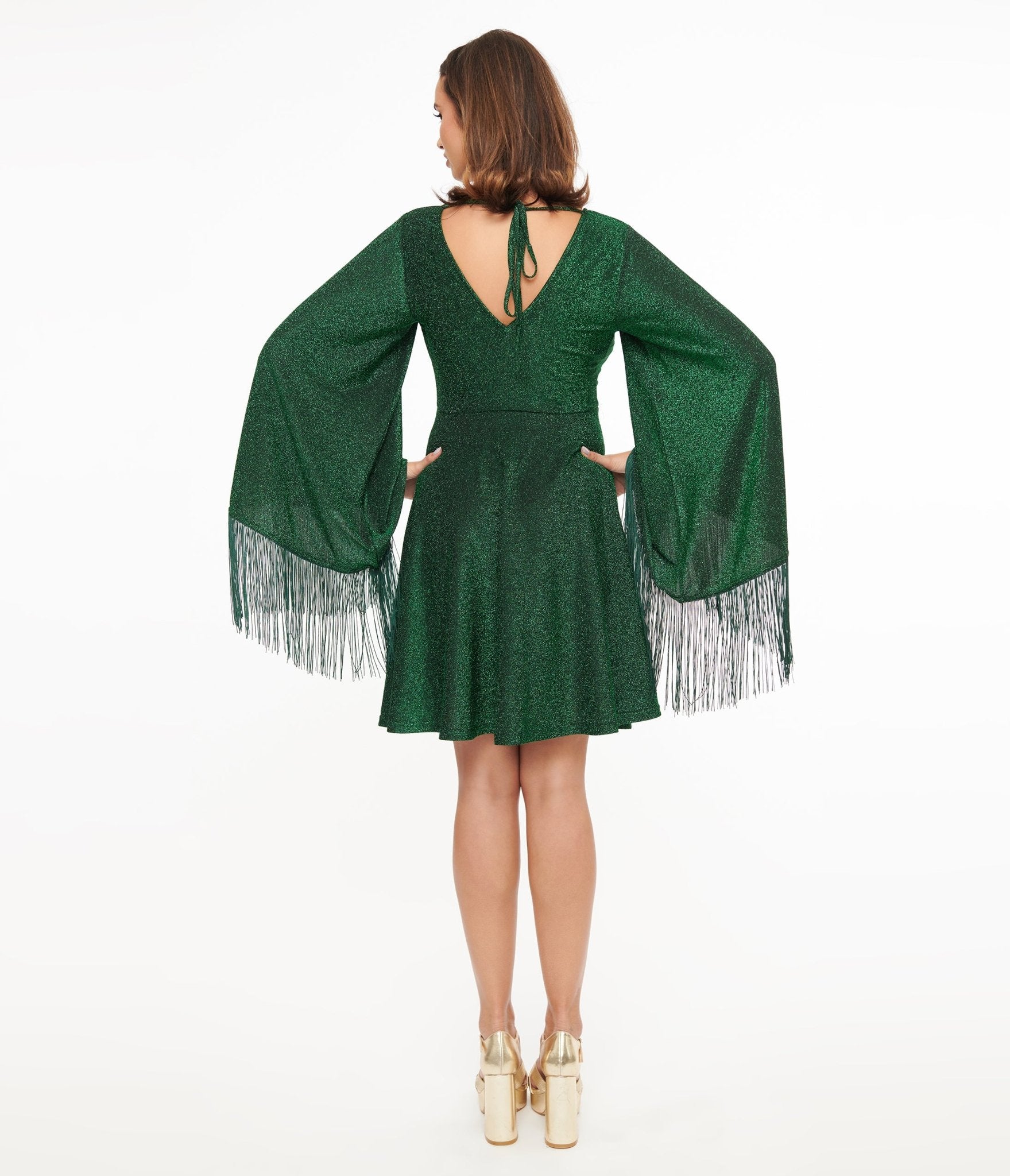 Vintage 1970s Green Sparkle Fringe Bell Sleeve Fit & Flare Dress by Smak Parlour - Retro Party Dress for Women, Perfect for Halloween, Costume Parties & 70s Theme Events