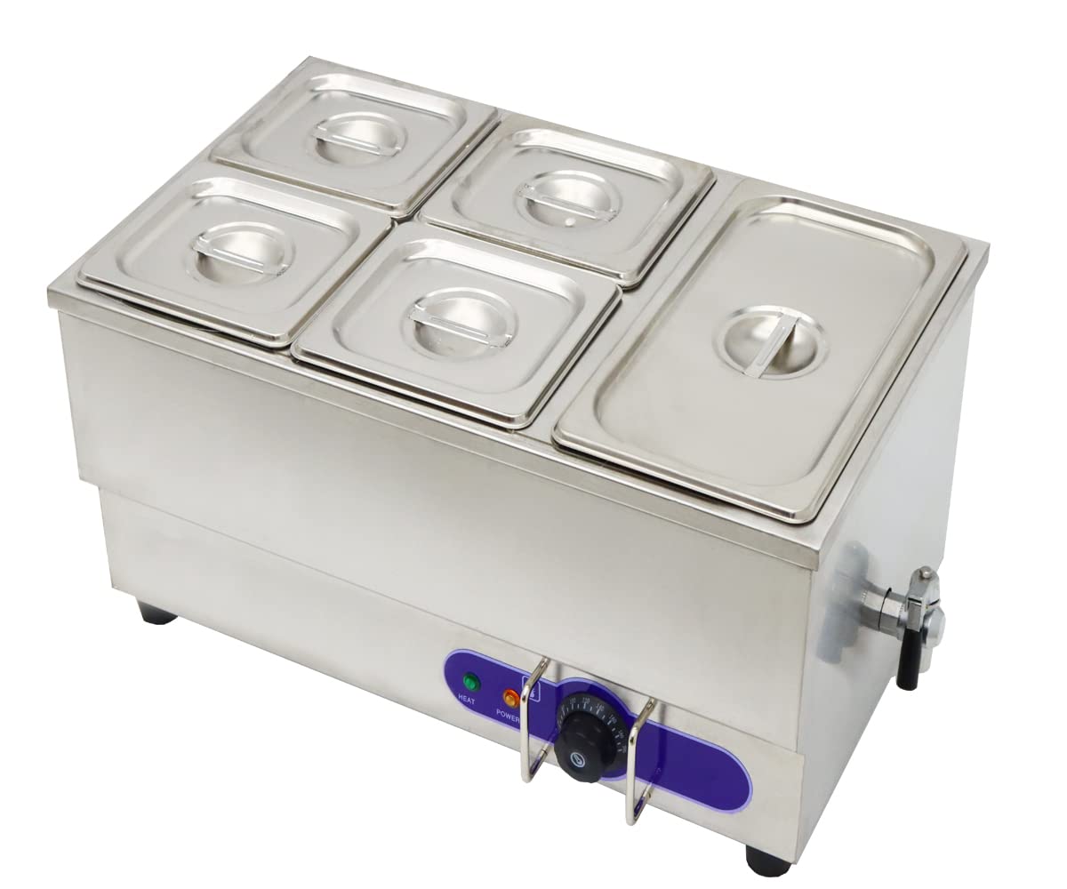 Commercial 110V 5-Pan Stainless Steel Food Warmer - 1500W Electric Steam Table with Adjustable Temperature (6