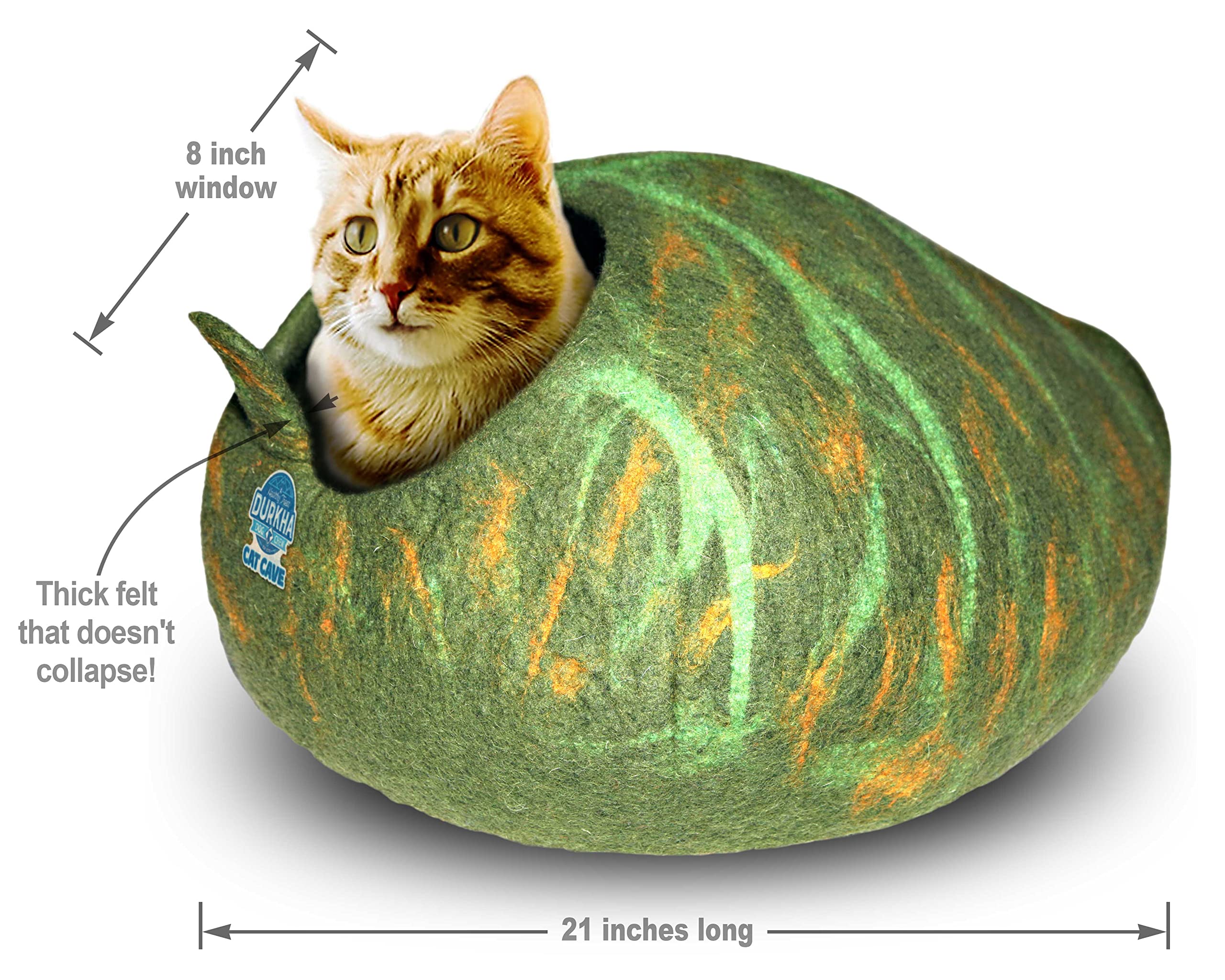 Cozy Felt Cat Cave Bed - Handmade Wooly Covered Cat Bed for Indoor Cats, Dome Shaped Cat Pod with Dark & Light Green Pattern | Perfect for Napping, Hideaway & Warm Shelter for Kittens