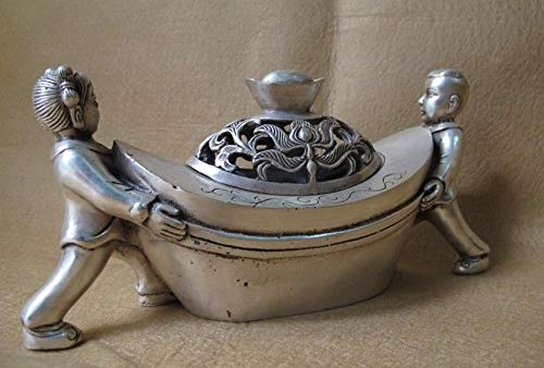 Exquisite Tibetan Silver Feng Shui Boy & Girl Yuanbao Statue Incense Burner - Handmade Asian Home Decor for Wealth & Harmony - Perfect for Meditation, Yoga Room & Spiritual Gifts