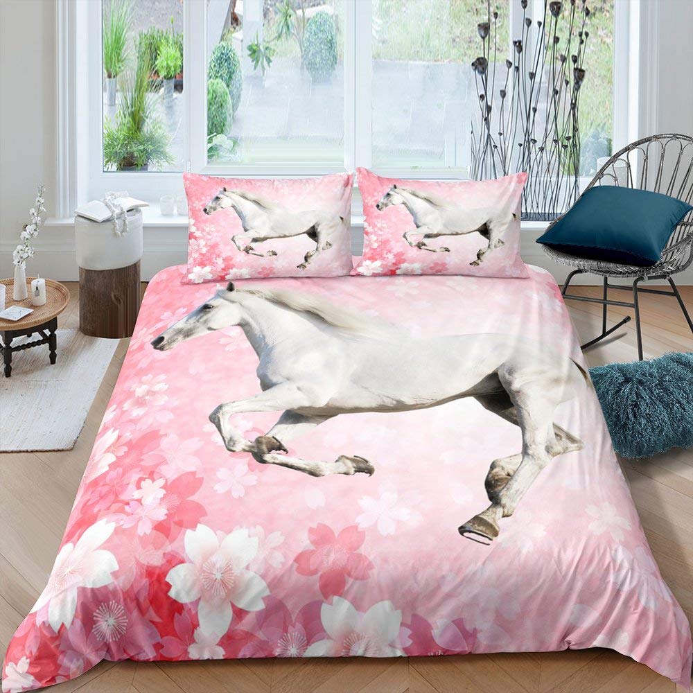 Erosebridal White Horse Comforter Cover Set - Twin Size Cherry Blossom Duvet Cover, Japanese Style Pink Floral Bedding for Kids, Boys, Girls, Teens & Women - Perfect for Bedroom Decor, Gift & Cozy Sleep