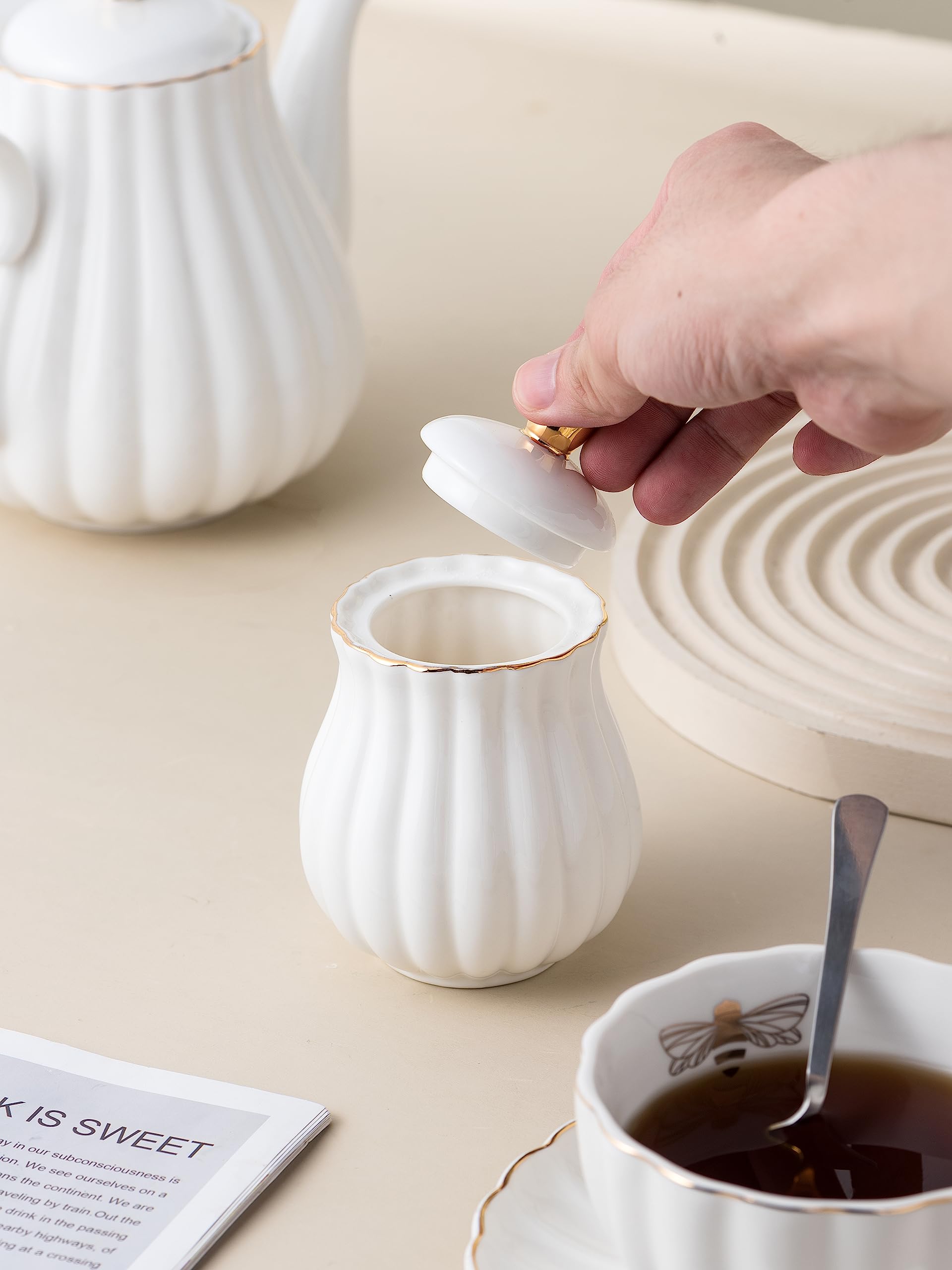 Premium 8 oz Fine China White Coffee & Tea Cup Set - 17-Piece Service for 4 with Teapot, Saucers, Sugar Bowl, Cream Pitcher & Accessories - Elegant Tea Party & Afternoon Coffee Set (White)
