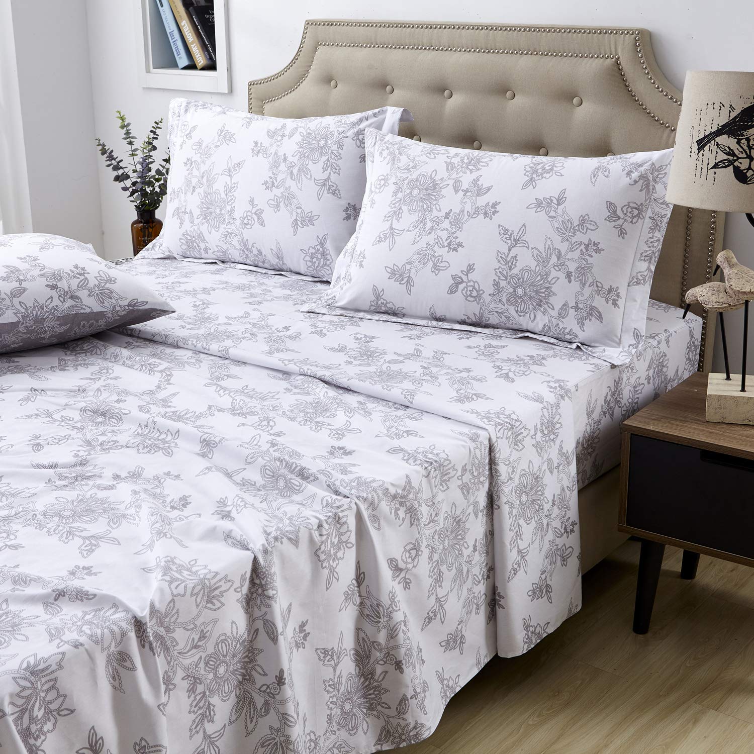 FADFAY 100% Cotton 4-Piece California King Sheet Set - Farmhouse Style, Shabby Floral Vintage Bedding, Super Soft & Hypoallergenic, White & Grey, Deep Pocket Fitted Sheet - Perfect for Guest Rooms, Master Bedrooms & Cozy Farmhouse Decor