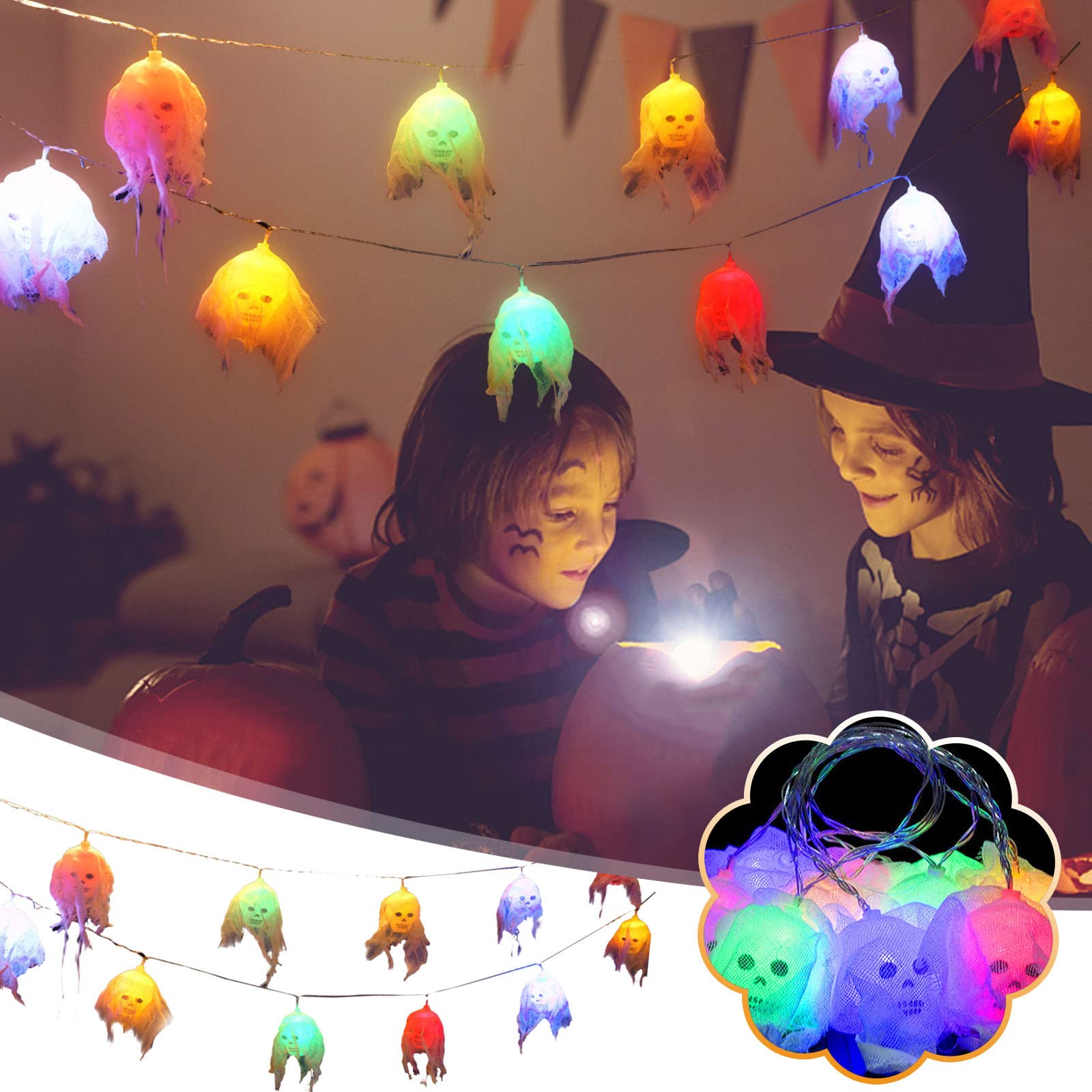 10 LED Skull Halloween String Lights - Battery Operated Ghost Skeleton Lights for Indoor & Outdoor Decor - 1.5m Multicolor Halloween Party Lights - Perfect for Halloween Parties, Home Decor, Yard Displays & Spooky Atmosphere Creation