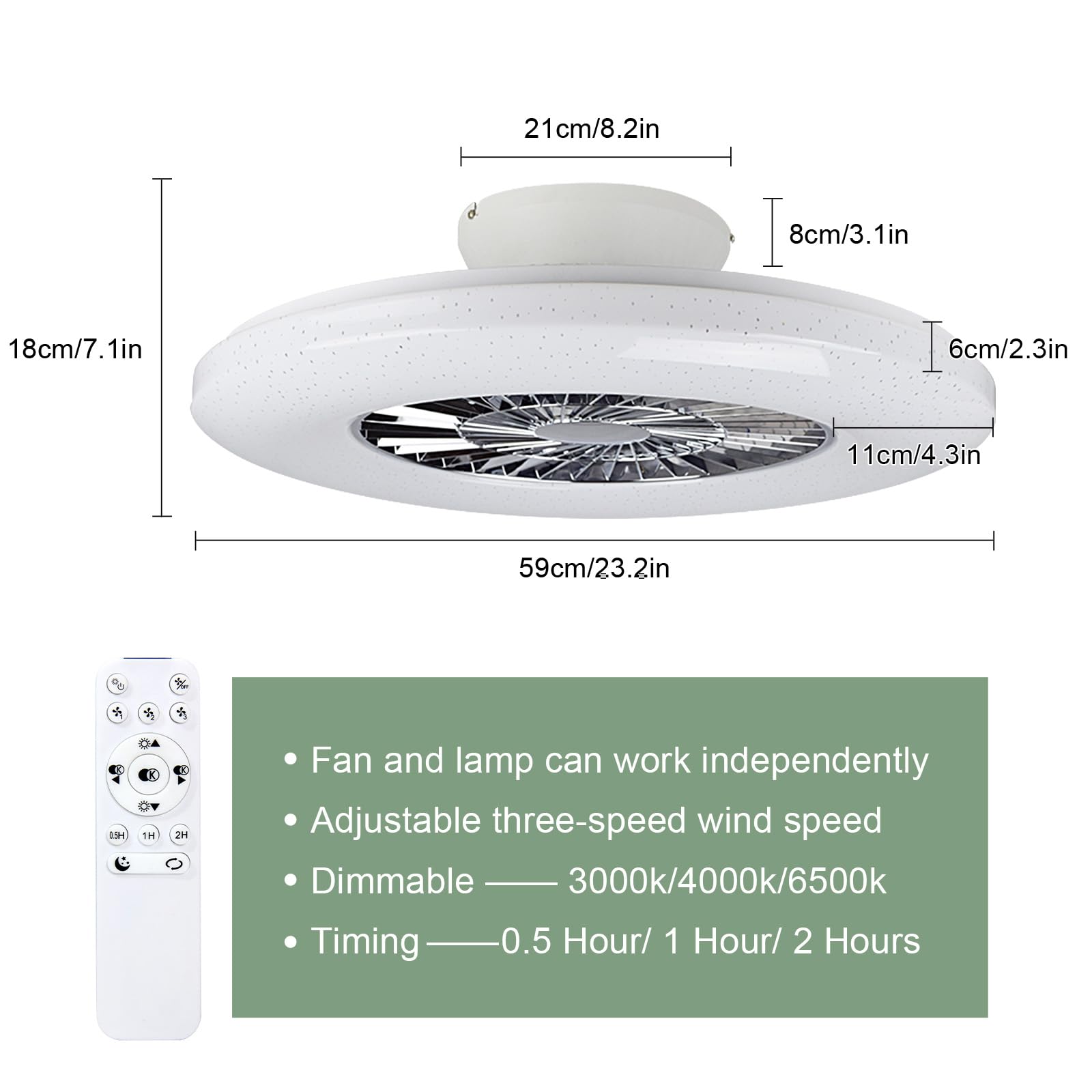 DLLT 40W Modern LED Remote Ceiling Fan with Light Kit - 23 Inch Flush Mount Dimmable Ceiling Fan with 7 Invisible Blades, 3 Speed Settings & Timer, Color Changing Lighting for Bedroom, Living Room, Office