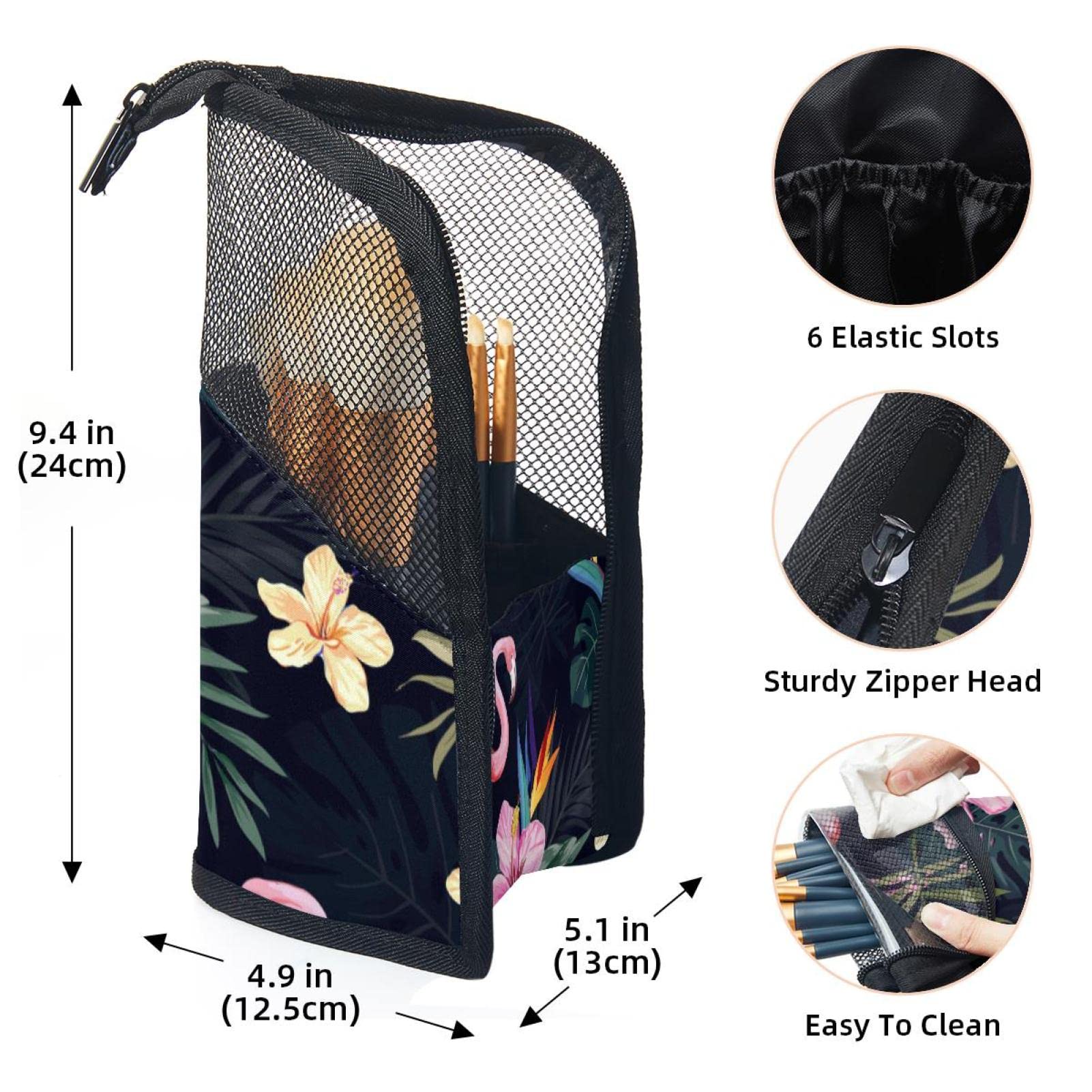 12-Piece Makeup Brush Organizer Bag with Tropical Leaves & Flamingo Design - Portable Cosmetic Brush Holder Case for Travel, Home & Professional Makeup Artists