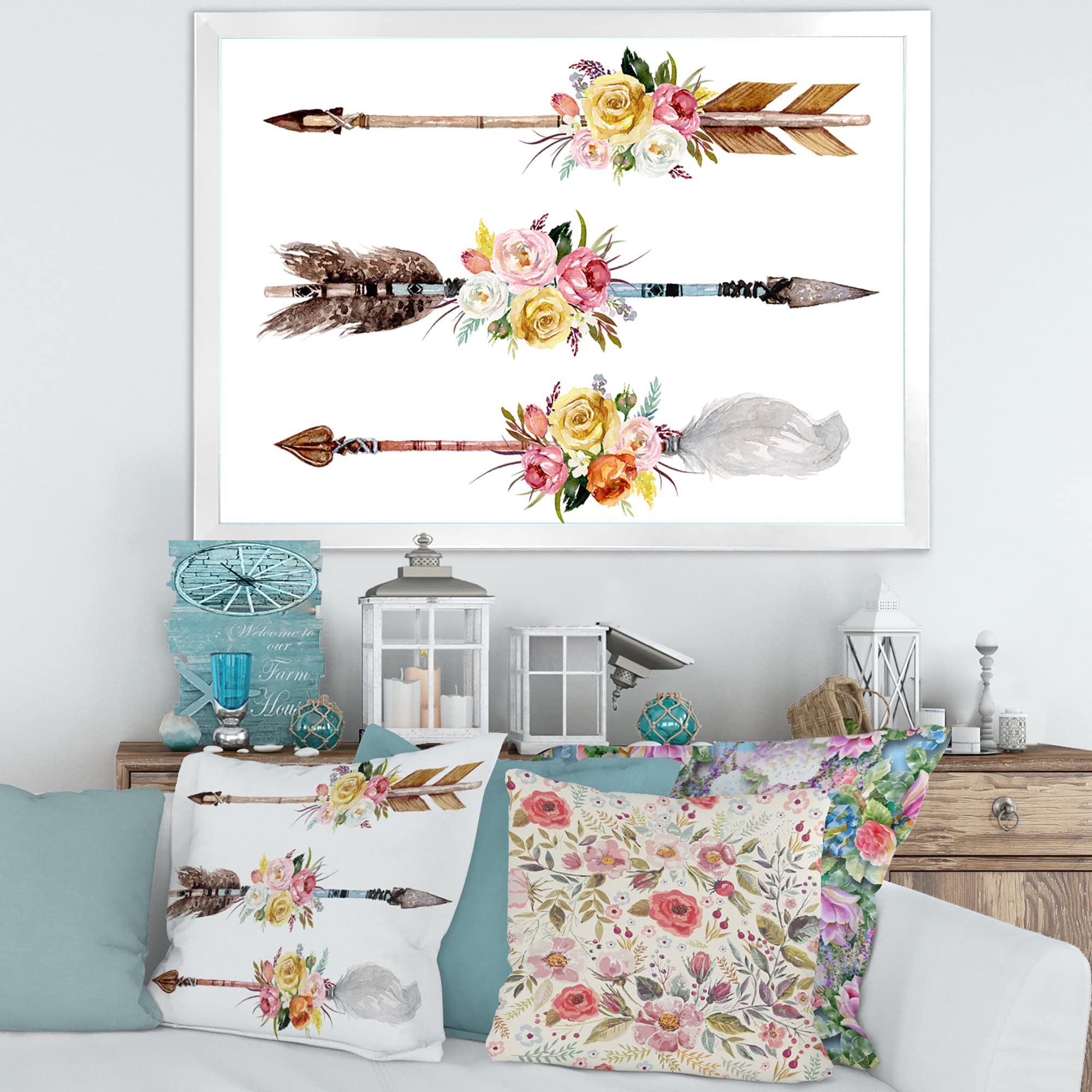 Bohemian Framed Wall Art with Ethnic Feathers and Flowers - Native Arrows II Eclectic Home Decor for Living Room, Bedroom & Office