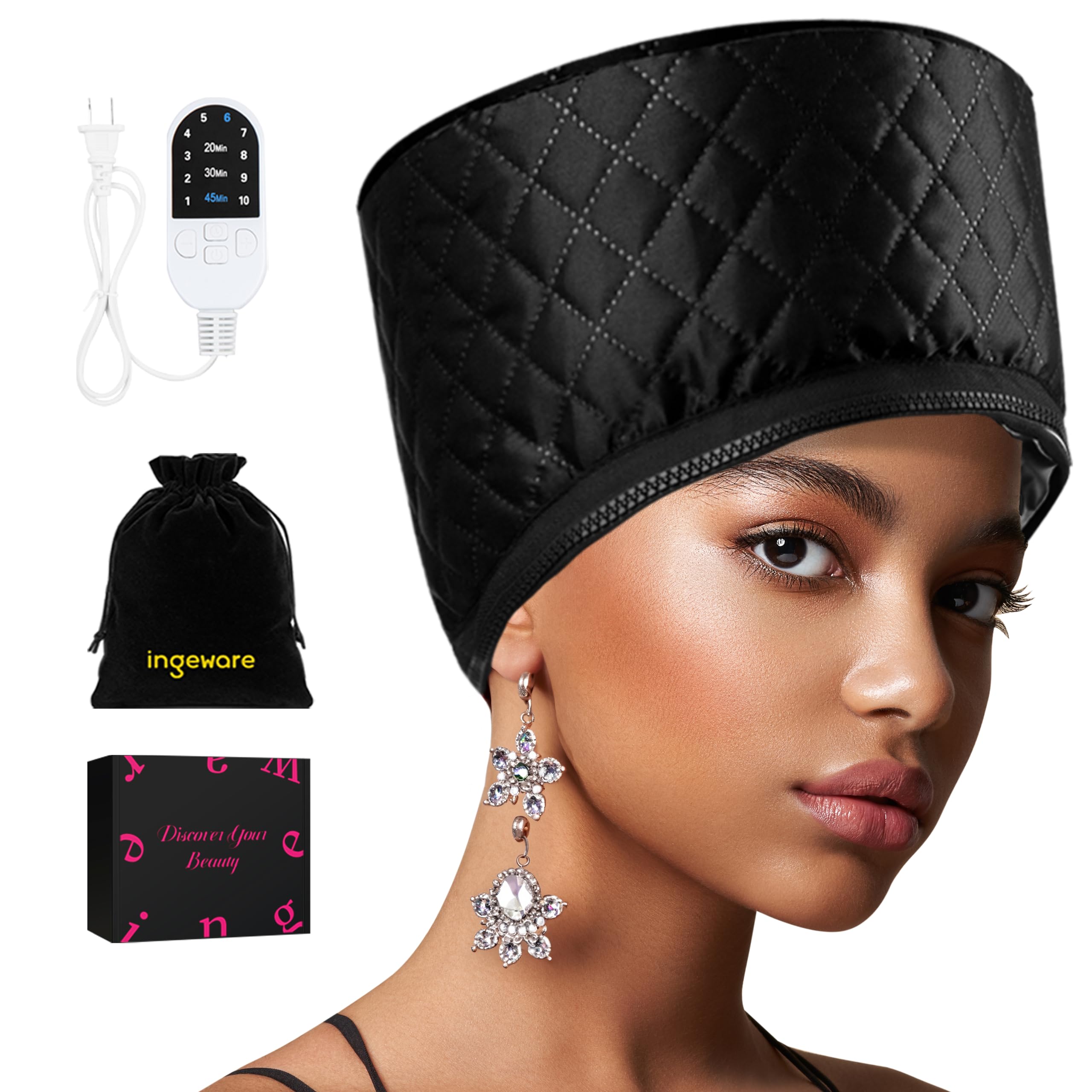 **Ingeware Electric Heat Cap for Deep Conditioning - Thermal Hair Steamer Cap for Natural Hair, Portable Home Hair Spa Treatment (Solid Black) - Perfect for At-Home Hair Care & Salon-Quality Results**