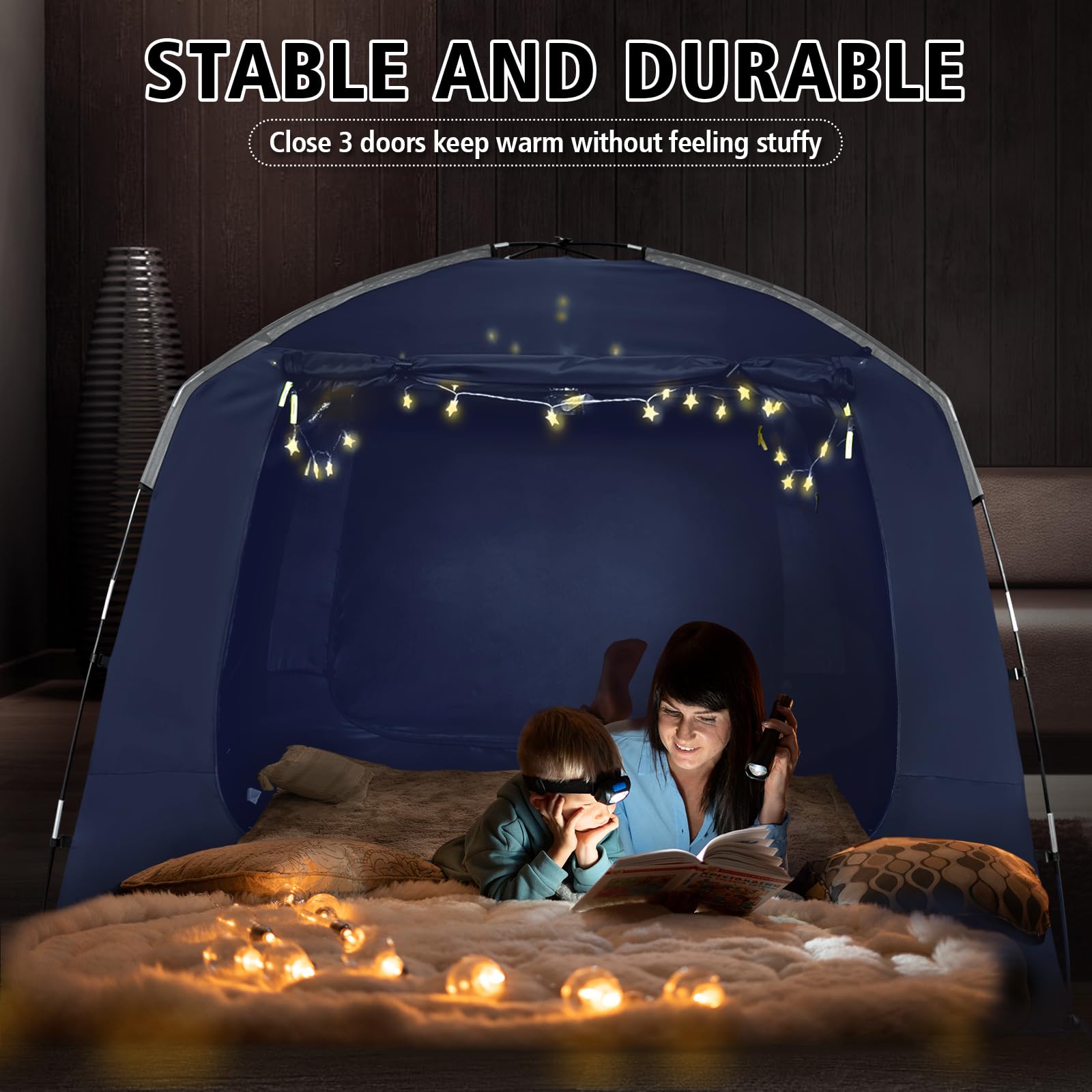 Breathable Bed Tent Canopy for Adults & Kids - Light Reducing Sleep Tent for Twin, Full, Queen & King Size Beds | Portable Indoor Bed Canopy with 4 Doors & String Lights | Perfect for Camping, Sleepovers & Creating Cozy Bedroom Spaces