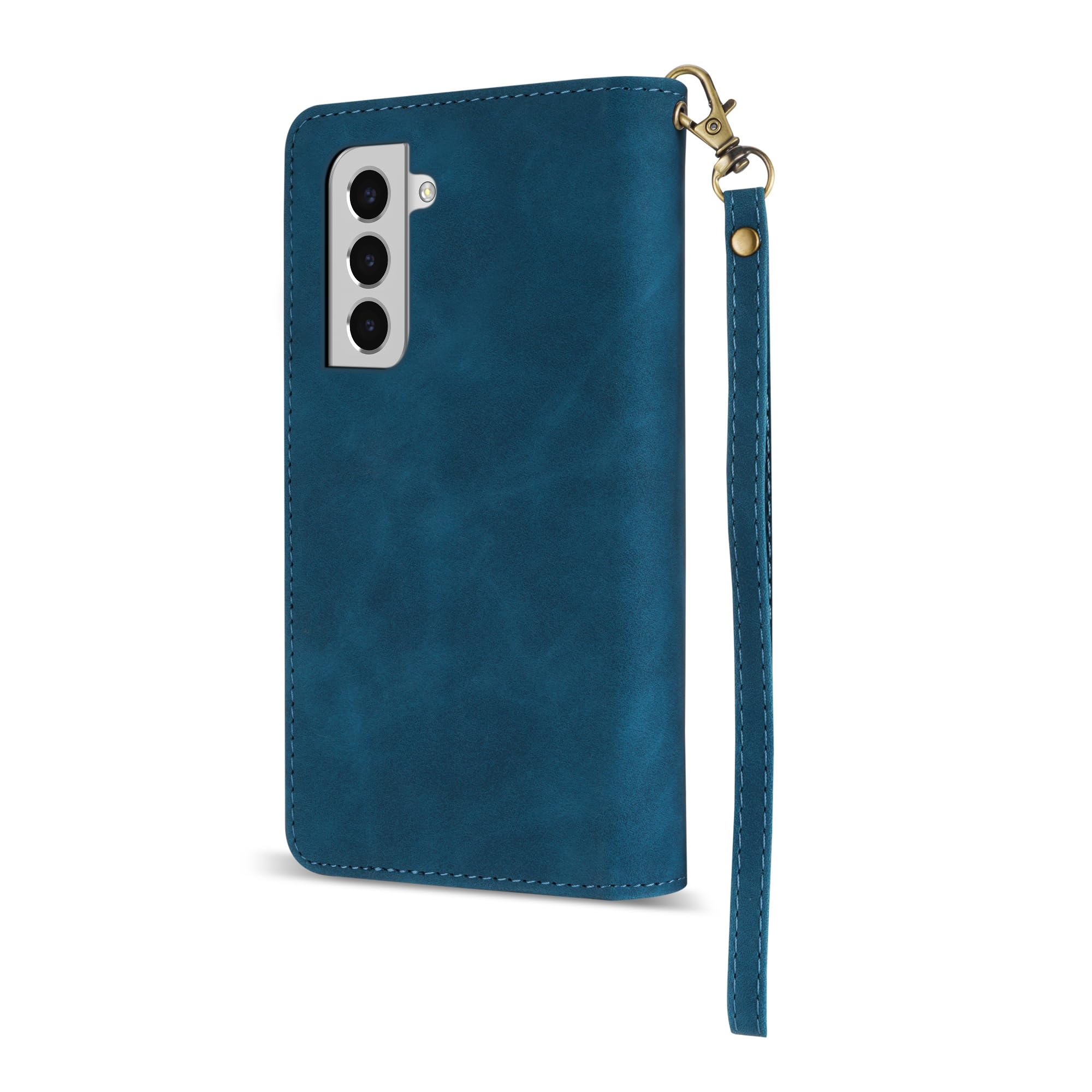 Premium Soft PU Leather Zipper Flip Wallet Case for Samsung Galaxy S22 (6.1 Inch) - Card Slots, Wrist Strap & Kickstand | Protective Cover for Everyday Use, Travel & Business Meetings (Blue)