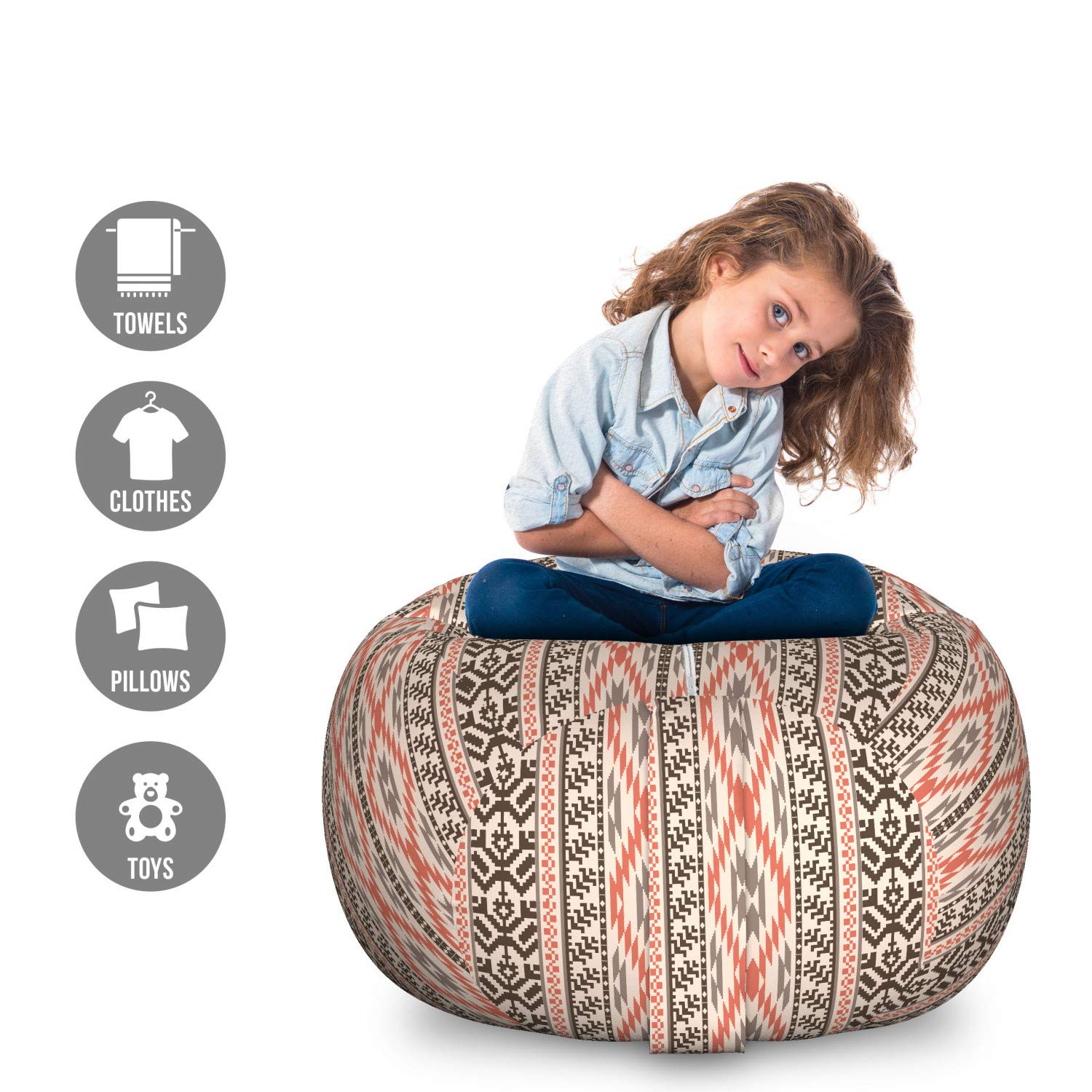 Ambesonne Southwestern Toy Storage Bag Chair - Large Washable Stuffed Animal Organizer with Ikat Style Prehistoric Art Design, Multicolor - Perfect for Kids' Room, Playroom & Nursery Organization