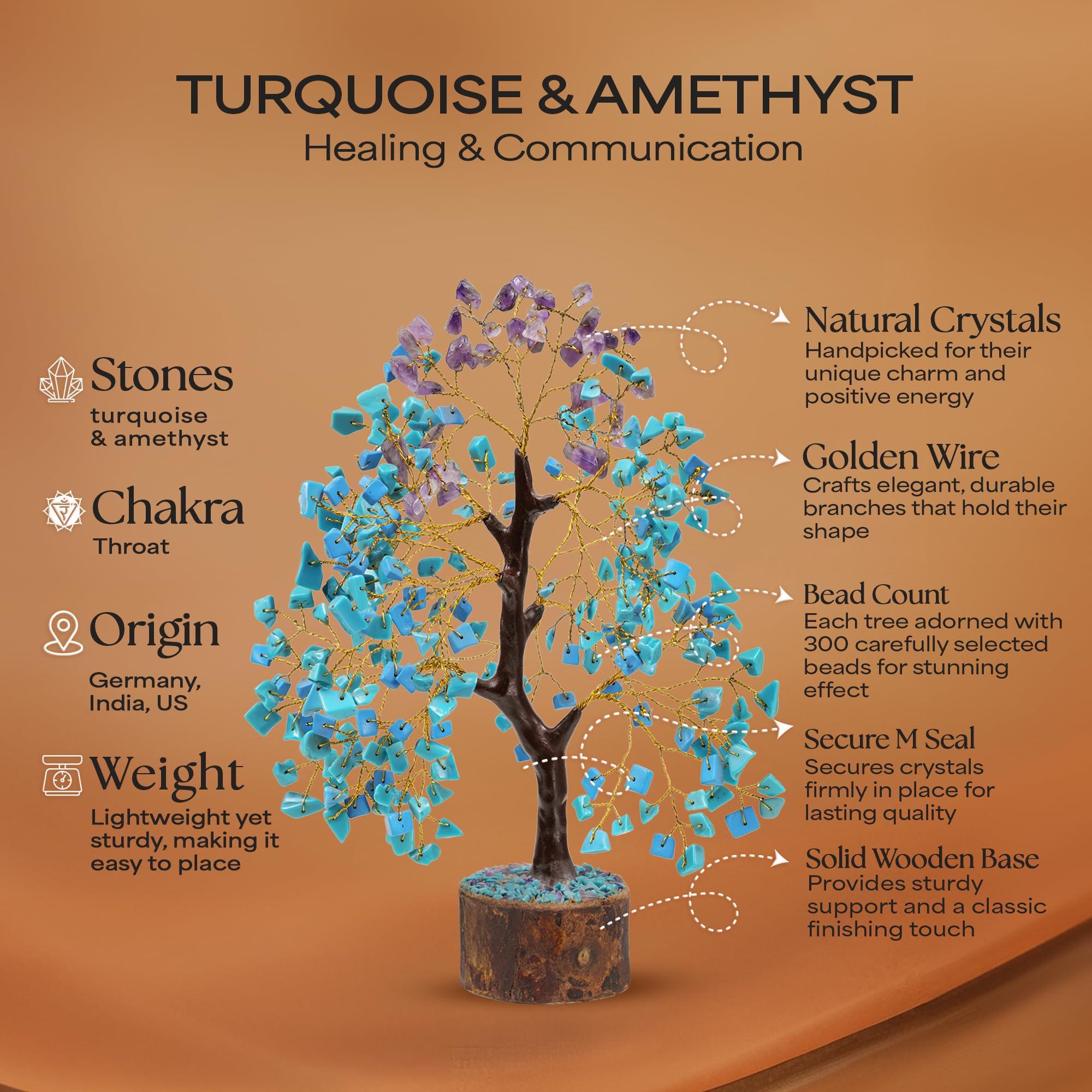 Turquoise & Amethyst Healing Crystal Tree with 2 Chakra Pendants - 10-12