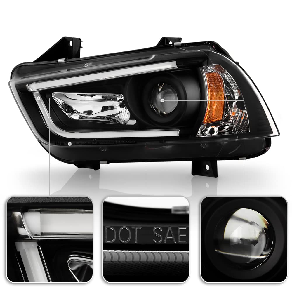 ACANII LED DRL Tube Black Housing Projector Headlights Assembly for 2011-2014 Dodge Charger | Halogen Model Replacement | Enhanced Night Driving & Style Upgrade