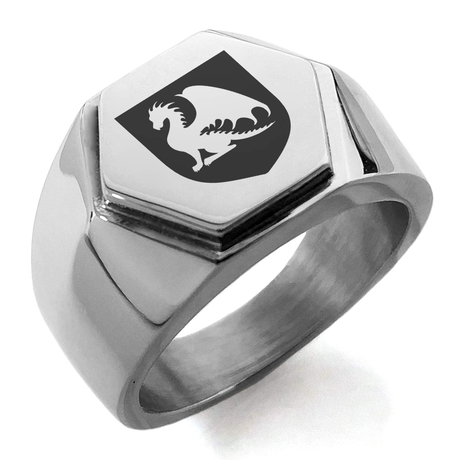 Stainless Steel Dragon Guardian Coat of Arms Shield Hexagon Crest Flat Top Biker Style Polished Ring for Men - Gothic Jewelry, Medieval Accessories, Motorcycle Rider Gift, Punk Fashion Statement
