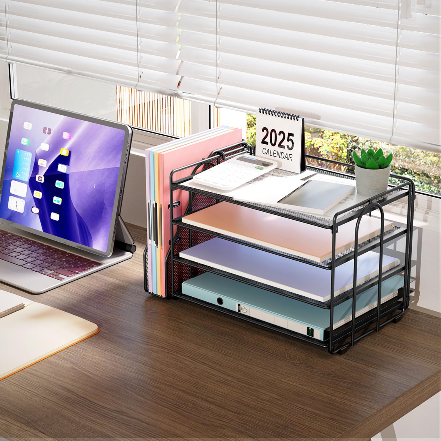4-Tier Paper Organizer with Magazine Holder - Black Desk Organizer for Office Supplies, Files & Workspace Accessories | Perfect for Home Office, School & Workspace Organization
