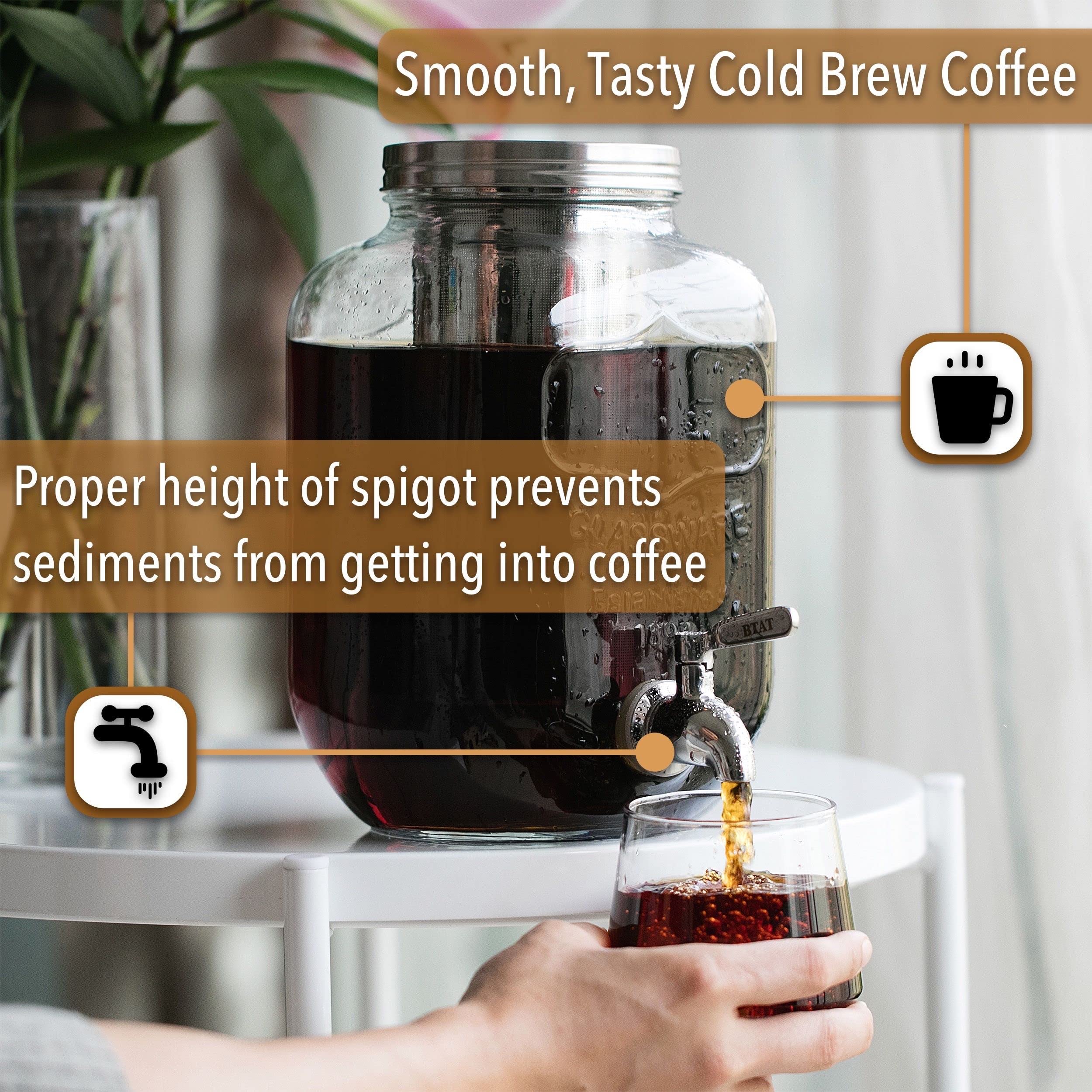 BTaT- 1 Gallon Cold Brew Coffee Maker & Iced Tea Maker - Glass Mason Jar Beverage Dispenser with Spigot - Perfect for Home, Office, and Outdoor Use