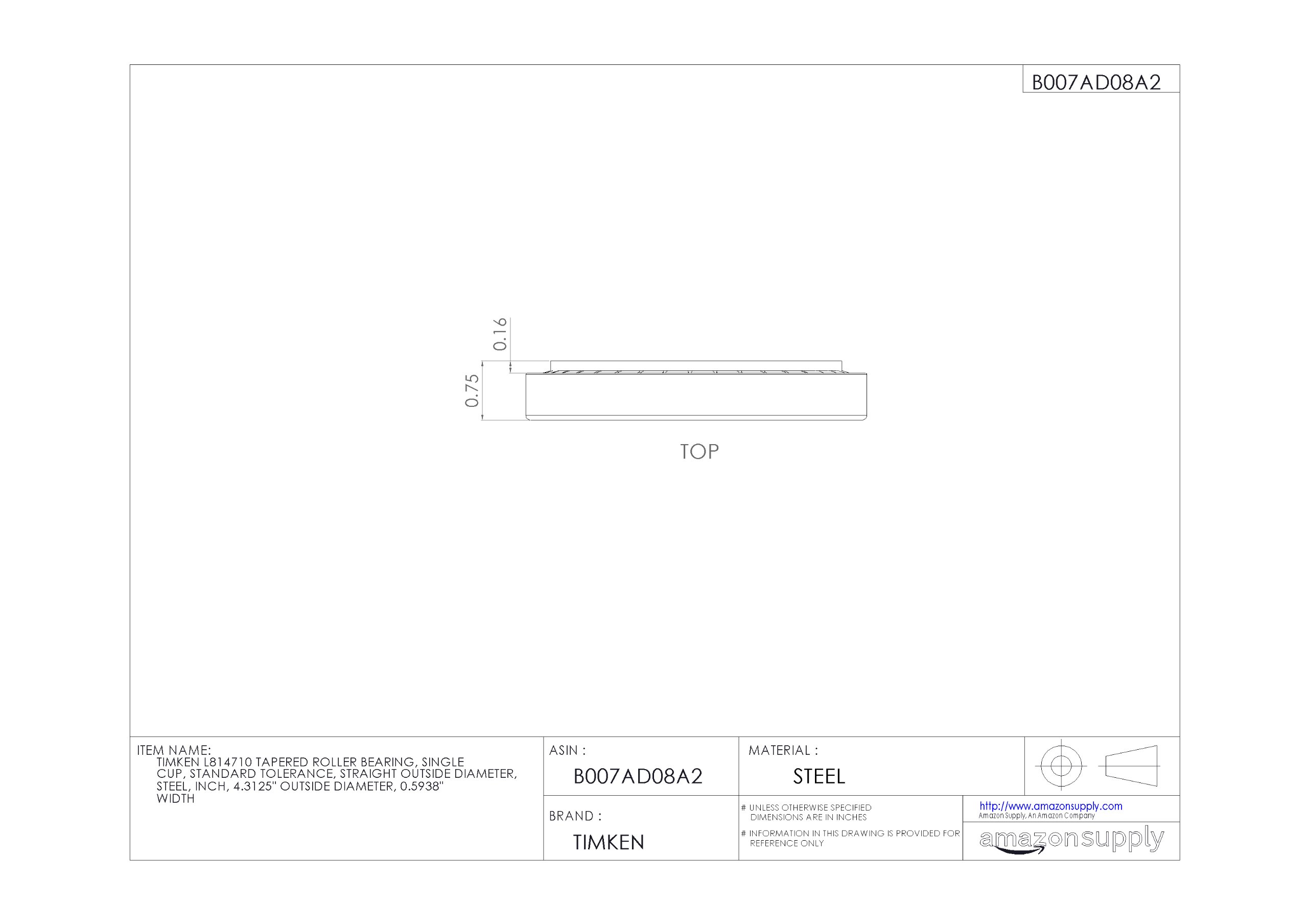Timken L814710 Tapered Roller Bearing - Single Cup, Standard Tolerance, Steel Construction, 4.3125