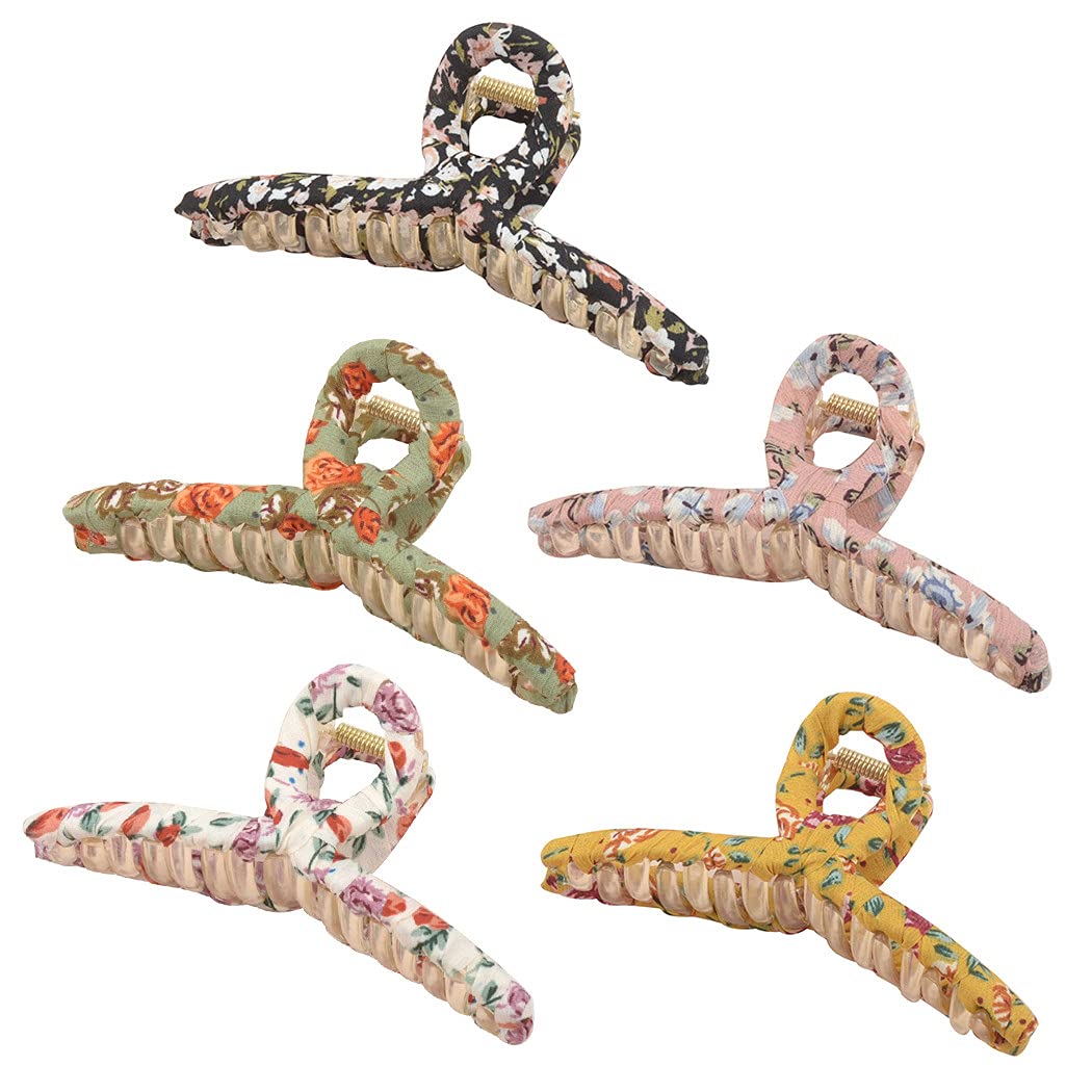 SOWUNO 5PCS Large Acrylic Hair Claw Clips - Non-Slip Strong Hold Hair Jaw Clamps with Floral Print for Women & Girls | Perfect for Updos, Ponytails & Everyday Hairstyles