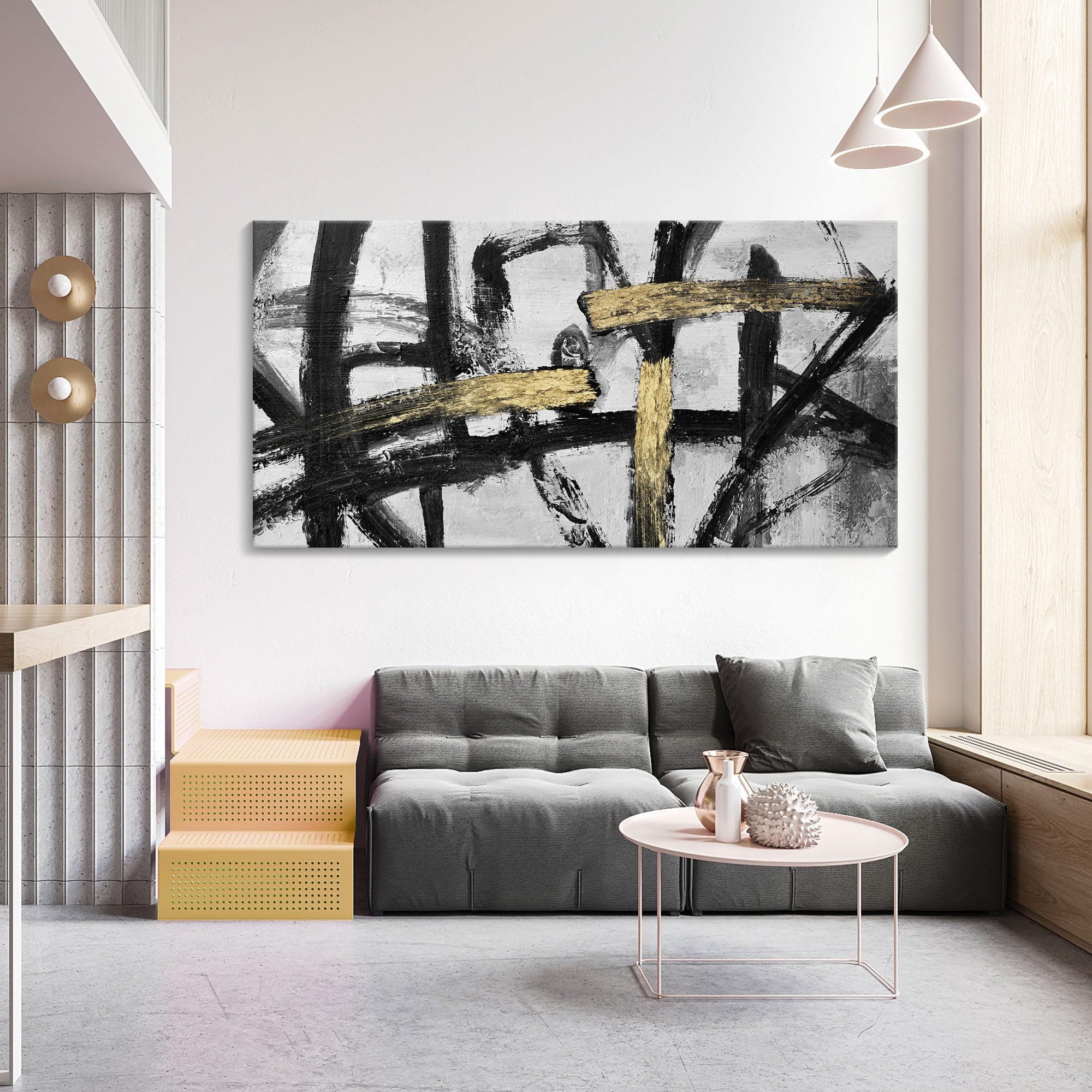 Abstract Wall Art Painting - Large Black White Gold Ink Dancing Canvas Print for Living Room, Bedroom, Dining Room & Office Decor (29x58 inches) - Modern Home Decor for Stylish Interiors & Gift Ideas