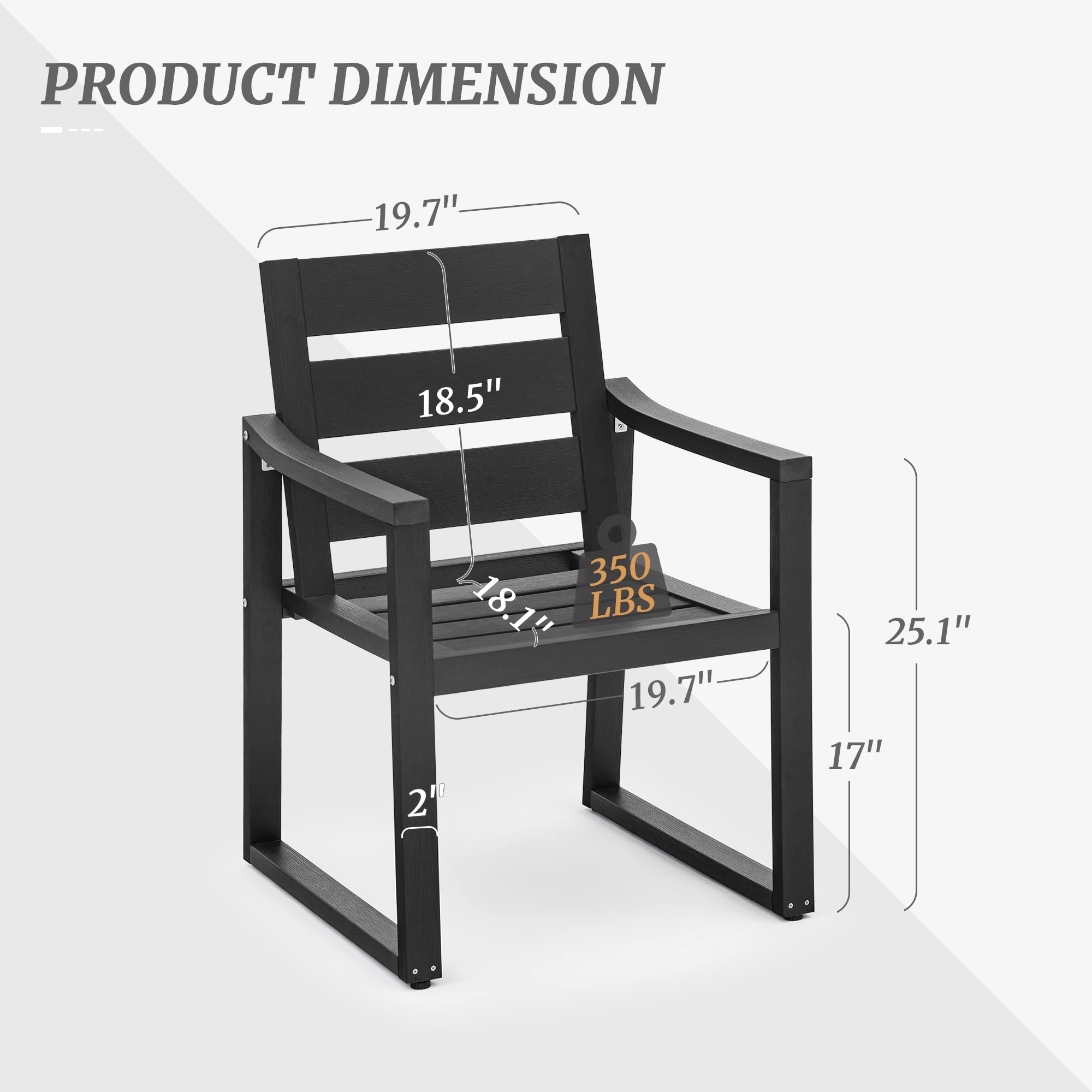Heavy Duty HDPS Outdoor Dining Chairs 350LBS Capacity - All Weather Patio Chairs with Armrests & Square Frame Legs for Backyard, Garden, Lawn, Indoor/Outdoor Use - Perfect for BBQs, Poolside Relaxing & Outdoor Entertaining (Black)