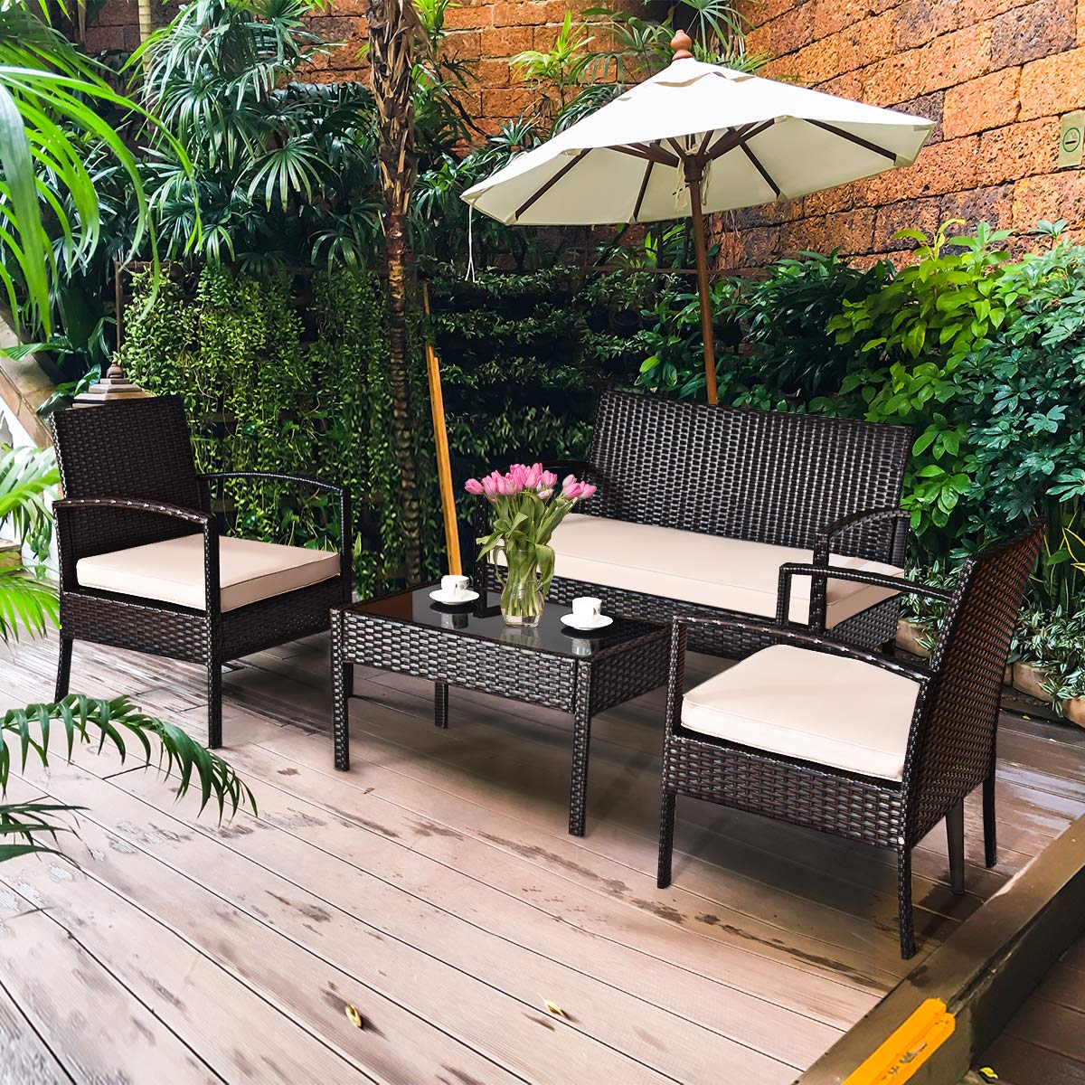 RELAX4LIFE 4-Piece Outdoor Patio Furniture Set - Wicker Rattan Conversation Set with Removable Cushions, 2 Chairs, Loveseat & Glass Coffee Table - Perfect for Garden, Balcony, Poolside & Backyard Relaxation