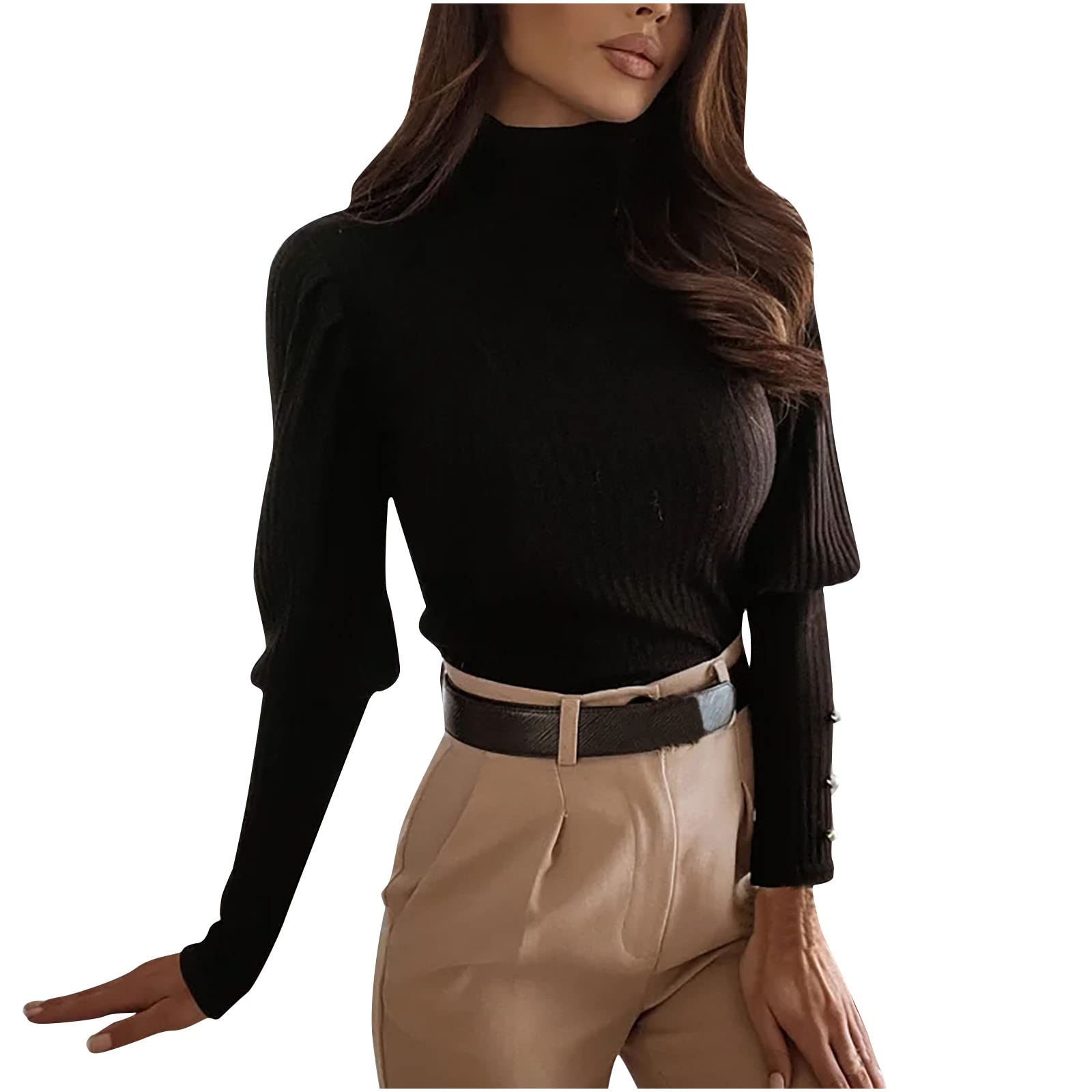 Women's 2022 Winter Fall Warm Solid Color Turtleneck High Neck Balloon Sleeve Long Sleeve Sweater Pullover - Cozy Casual Outerwear for Work, Dating & Holiday Outfits