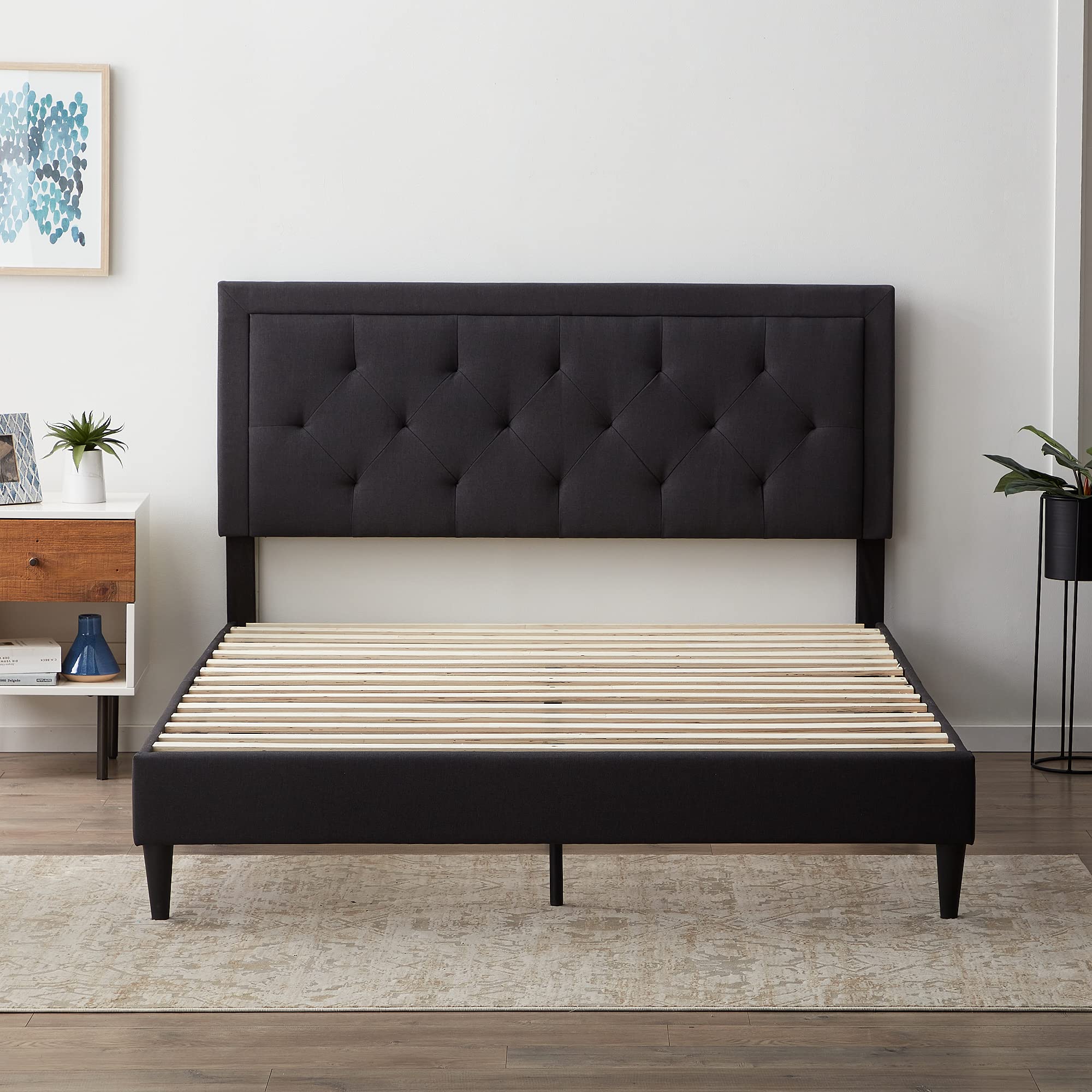 LUCID Full Size Upholstered Platform Bed Frame with Headboard - No Box Spring Needed - Charcoal Grey - Modern Bedroom Furniture for Small Spaces & Guest Rooms