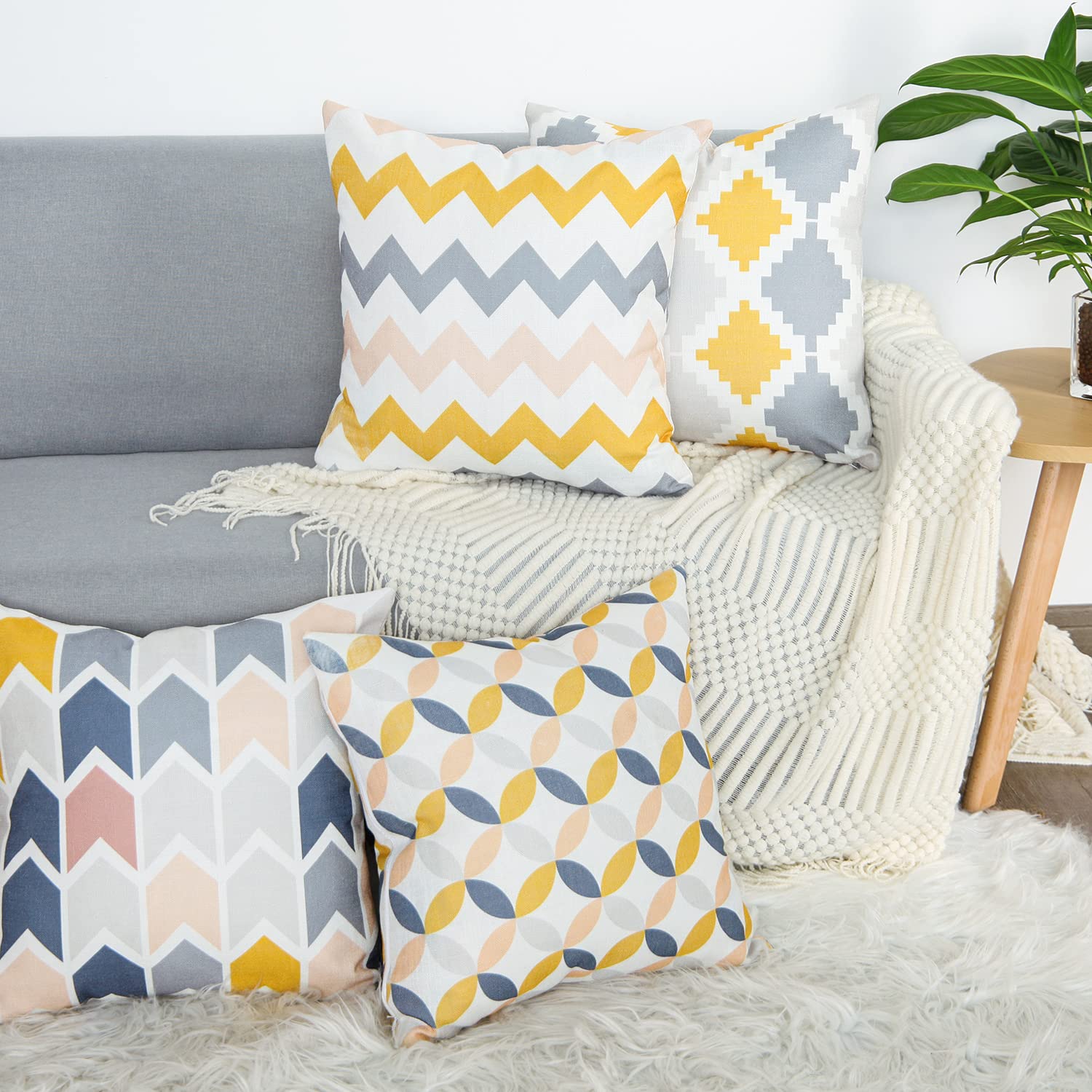 Cygnus Set of 4 Outdoor Linen 18x18 Inch Geometric Modern Throw Pillow Covers - Yellow, for Couch, Bed, Car, Patio & Garden Decor