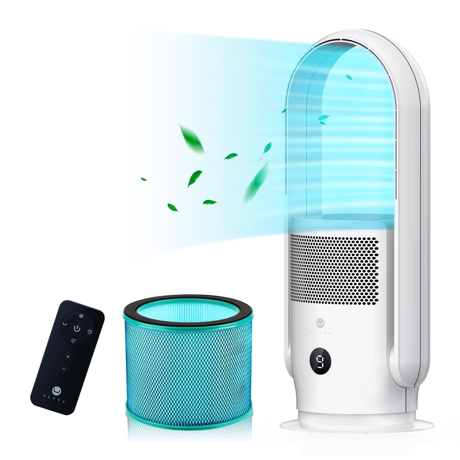 ULTTY Bladeless Tower Fan with HEPA Air Purifier - 90° Oscillating, Remote & Touch Control, 8H Timer, Quiet Floor Fan for Bedroom, Living Room, Home Office - White | Perfect for Cooling & Air Purification in Large Spaces