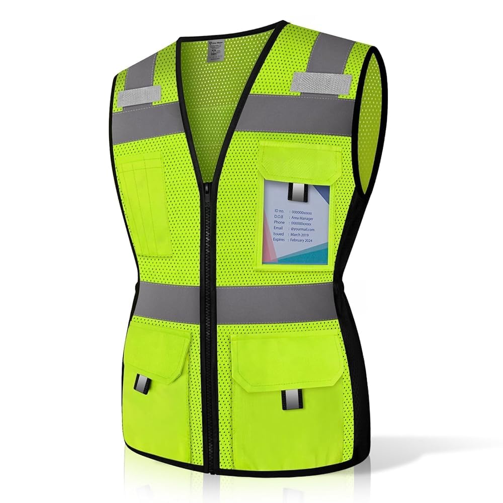 ANSI Compliant High Visibility Reflective Safety Vest for Women - 11 Pockets with Zipper, Mesh Work Vest for Surveyors, Workers & Drivers - Comfortable & Snug Fit (U-Yellow, Medium) - Perfect for Construction Sites, Road Work & Night Shifts