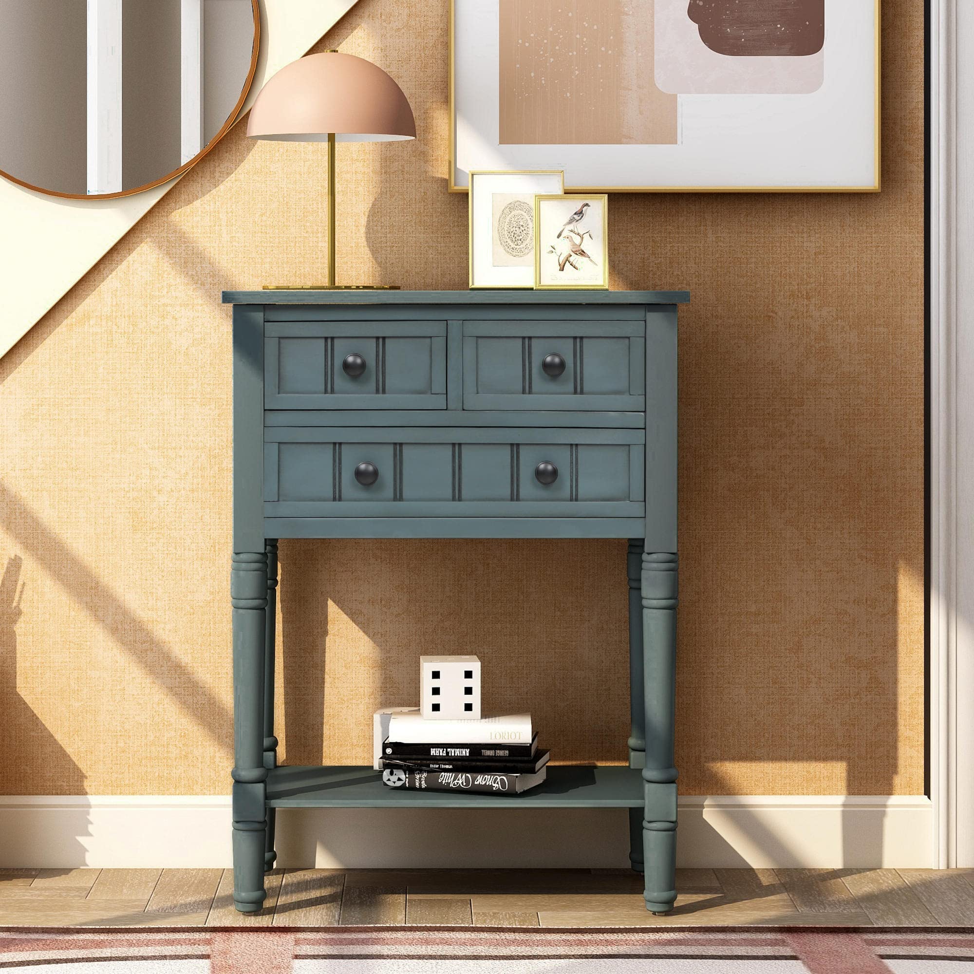 Slim Navy Console Table with 3 Drawers & Bottom Shelf - Narrow Sofa Table for Entryway, Hallway & Living Room - Easy Assembly Home Decor for Small Spaces