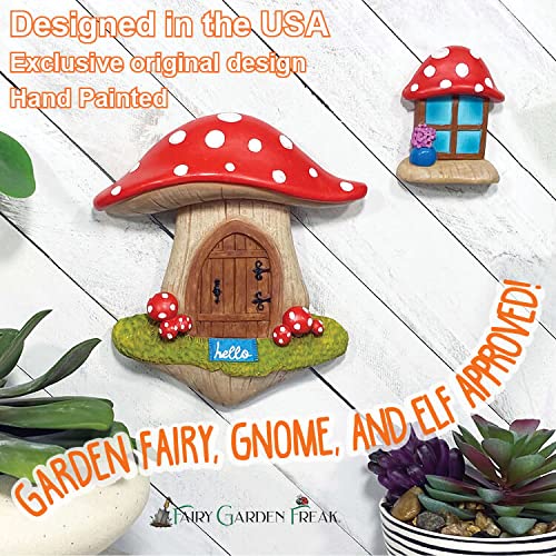 Enchanted Fairy Door and Window Set - Miniature Red Mushroom Fairy Garden Accessories for Fairy Houses, Gnomes & Mini Gardens | Perfect for DIY Fairy Gardens, Terrariums, and Whimsical Outdoor Decor