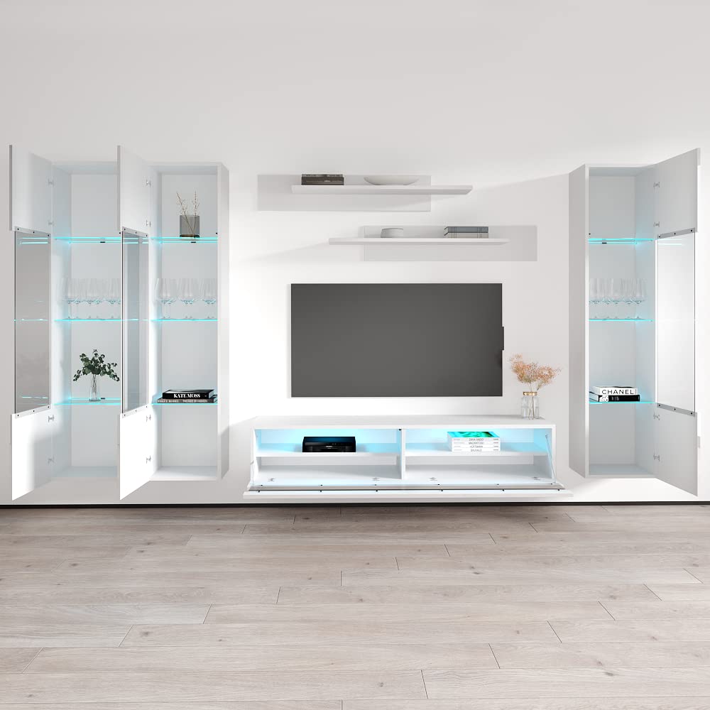 Modern White Wall-Mounted TV Stand with Storage Shelves & LED Lights - Floating Entertainment Center Console for Bedroom & Living Room - Perfect for Small Spaces & Home Theater Setup - Meble Furniture Fly CD3 35TV Stand