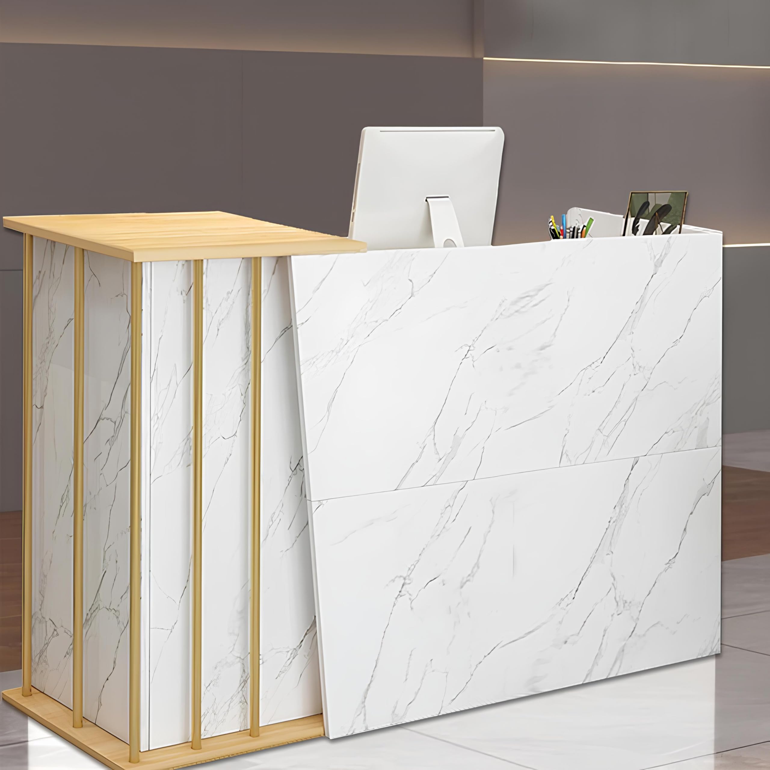 Space-Saving Reception Desk with Counter - Adjustable Checkout Counter & Receptionist Desk for Small Offices - Easy Assembly (Marble White) - Perfect for Lobby, Clinic, Hotel Front Desk & Corporate Reception Areas