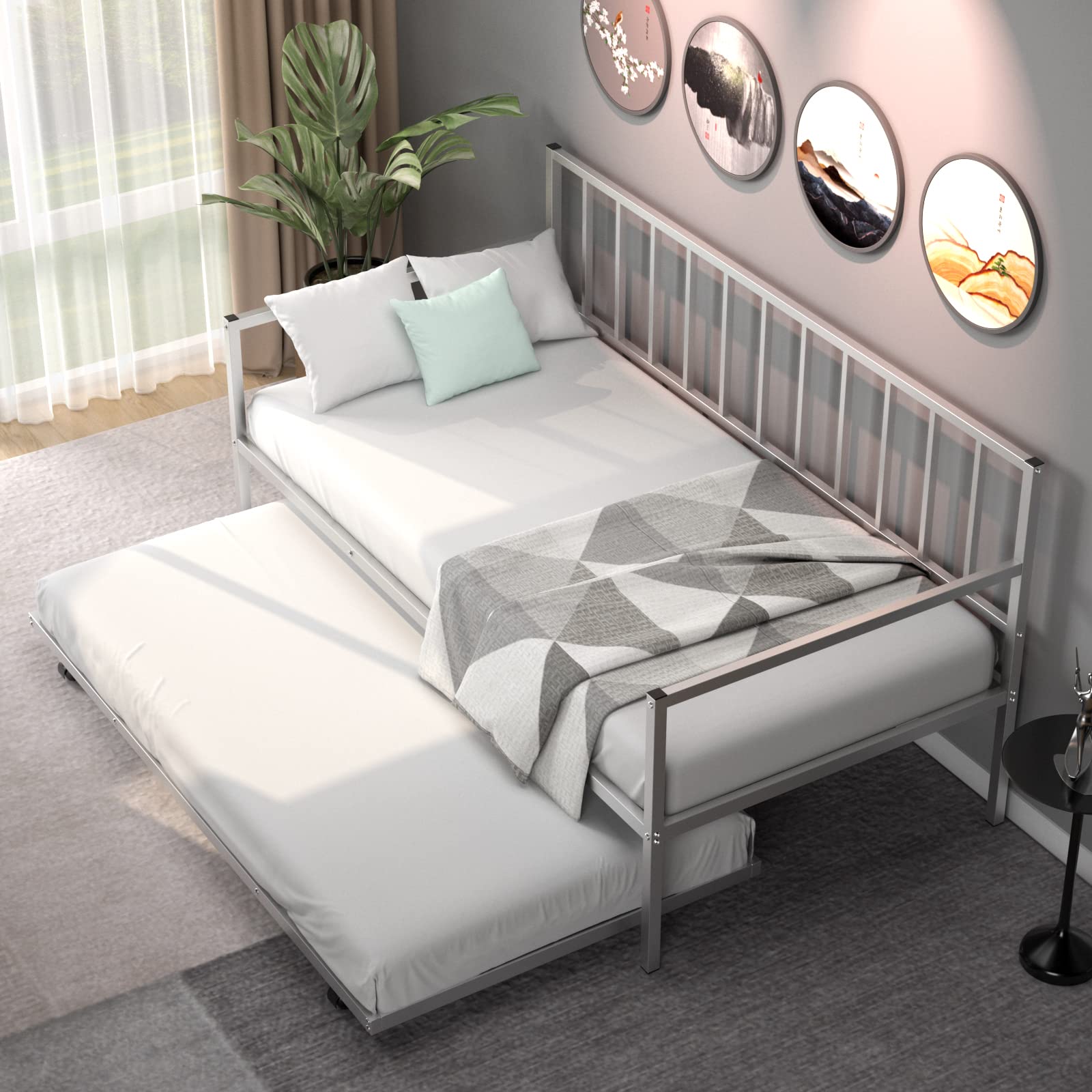 KOMFOTT Twin Daybed with Trundle - Sturdy Metal Bed Frame Set with Wheels & Slat Support, No Box Spring Needed - Perfect Sofa Bed for Living Room, Guest Room & Small Spaces (Space-Saving Design for Overnight Guests & Multi-Functional Use)