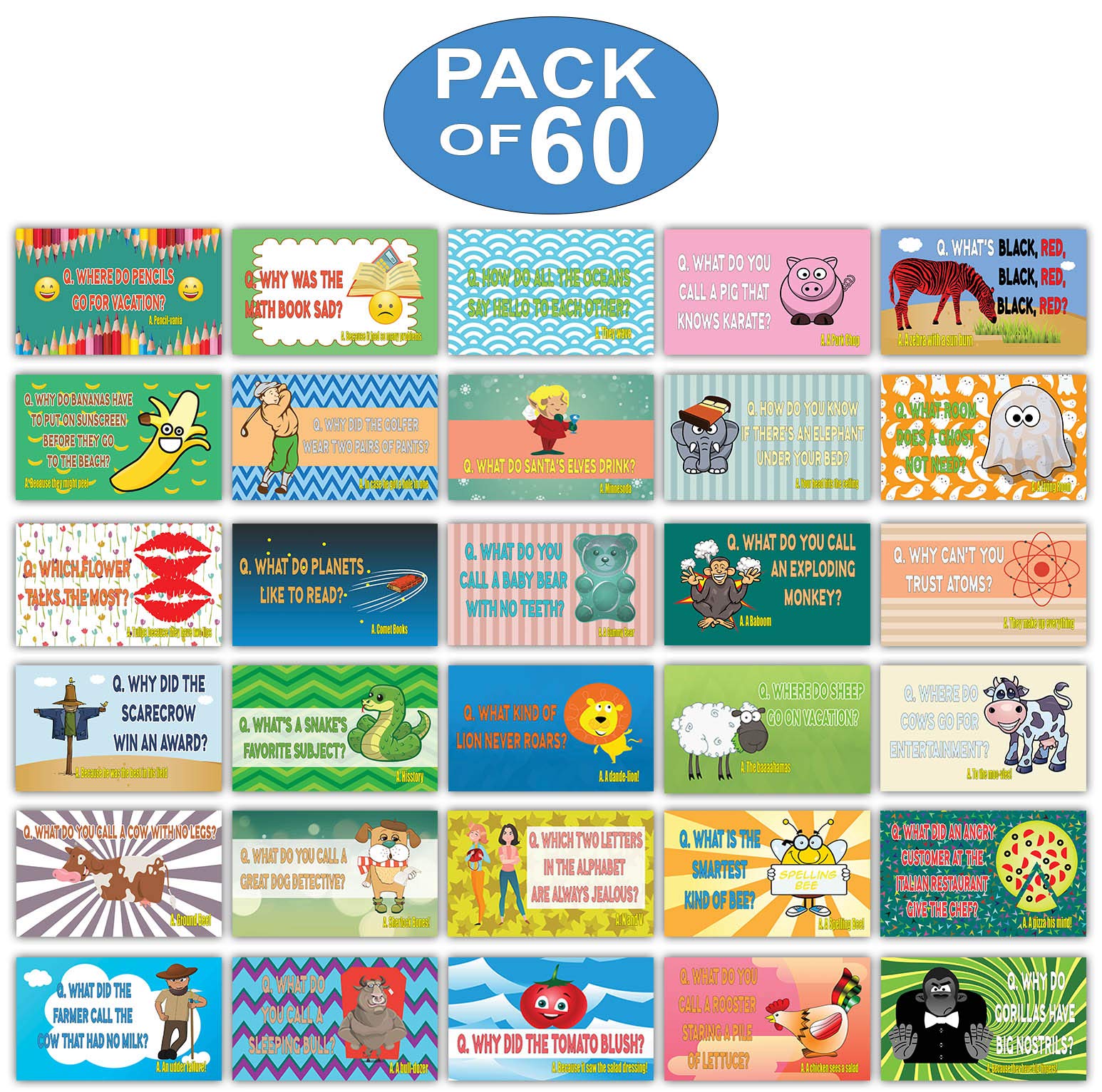 Creanoso Funny Lunch Box Jokes Flashcards for Kids - 60 Hilarious Joke Cards (30x2 Sets) - Perfect for School Rewards, Gifts & Lunchbox Notes - Encourage Reading & Laughter in Classroom & Home