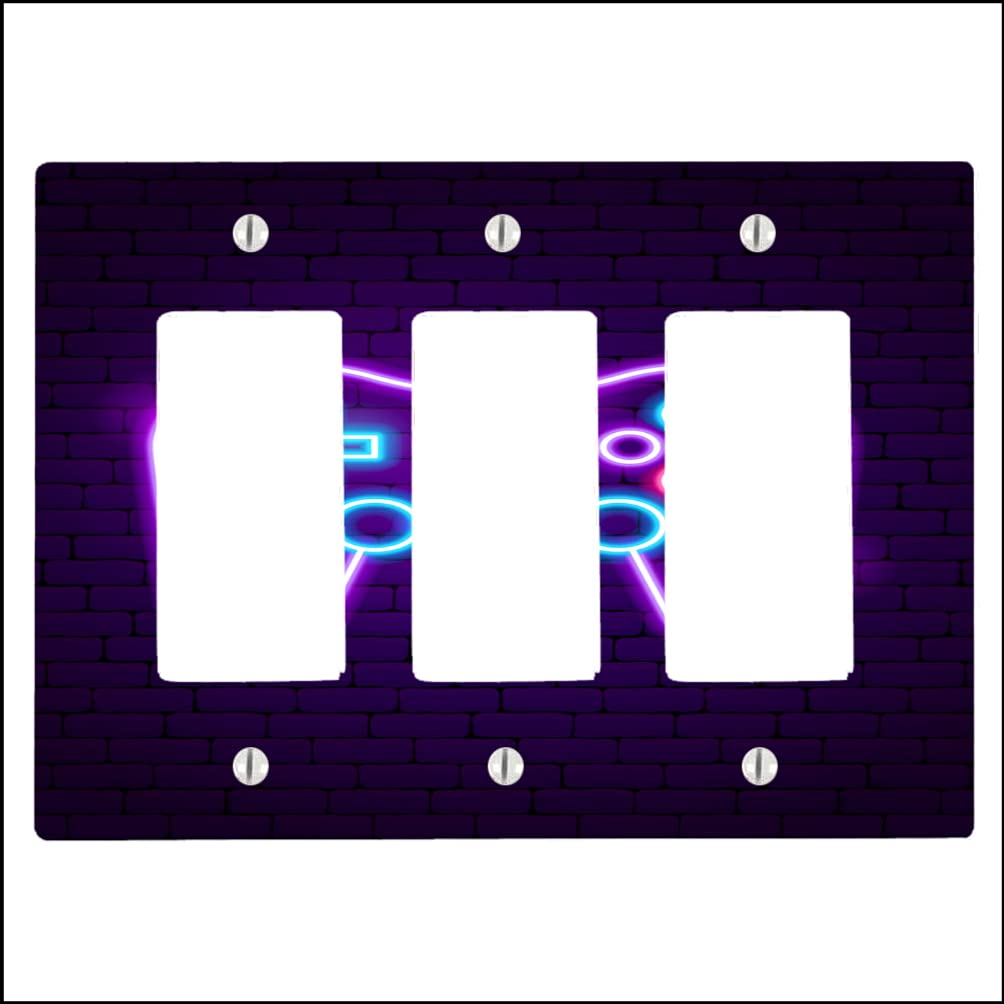 Retro Neon Game Controller Light Switch Cover - 3 Gang Decorator Wall Plate (6.34 x 4.5 Inch) - Perfect for Gamer Room, Man Cave & Arcade Themed Decor
