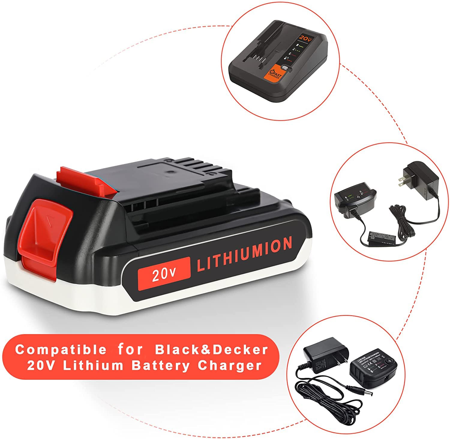 2 Pack 3000mAh Replacement Batteries + 1 Charger for Black & Decker 20V MAX Lithium Power Tools - Compatible with Drills, Saws & Other Cordless Tools