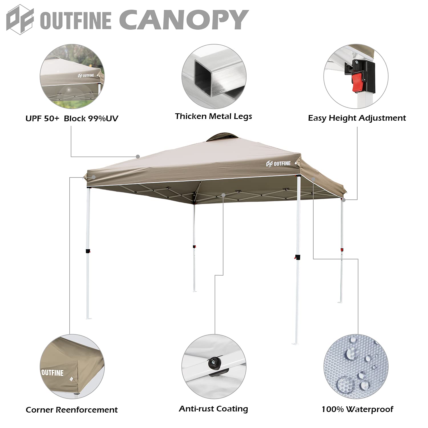 OUTFINE 10x10FT Pop-up Canopy Tent - Instant Gazebo with Wheeled Carry Bag, 4 Sandbags & 8 Stakes (Khaki) - Perfect for Outdoor Parties, Camping, Beach & Backyard Events
