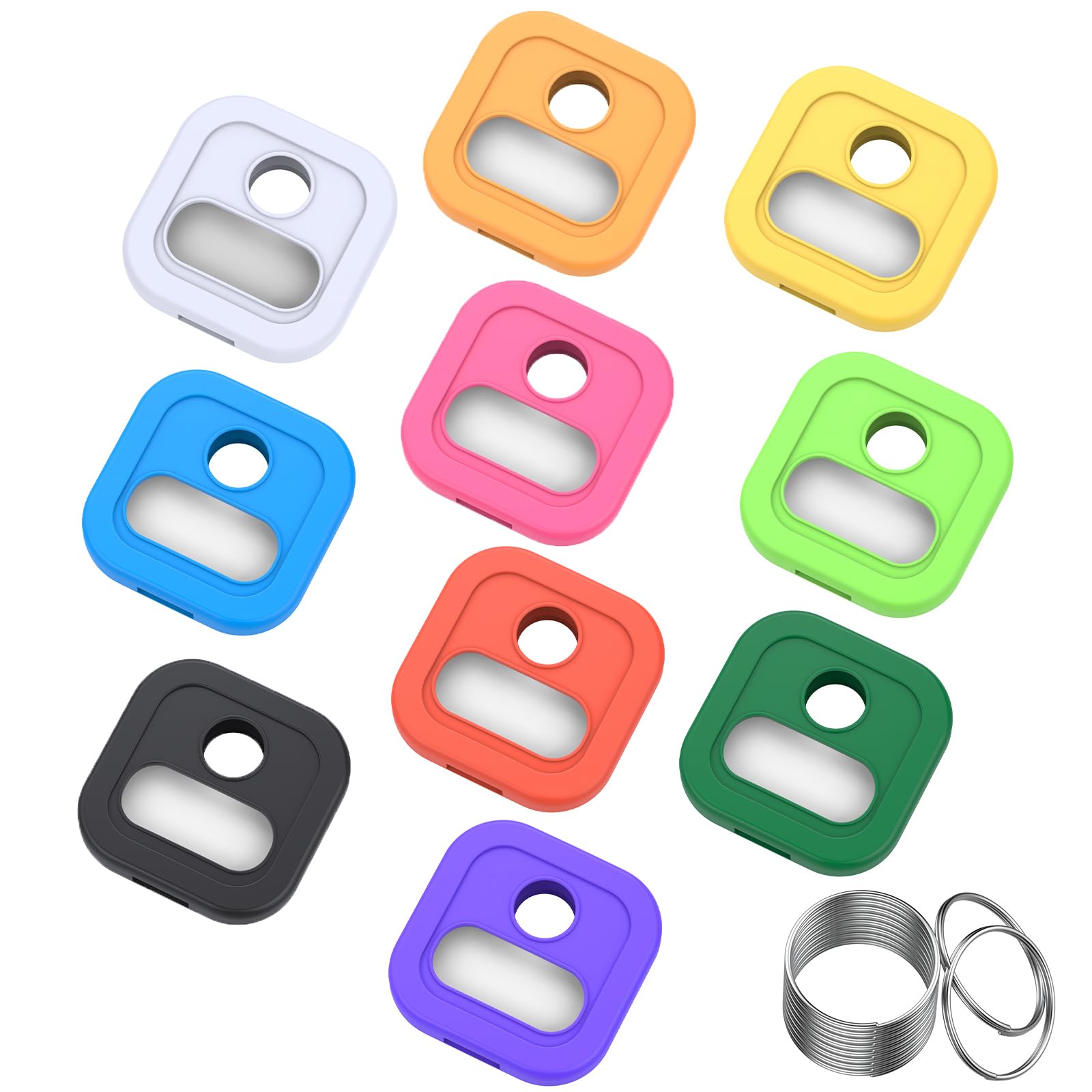 ttstar Silicone Key Cap Covers - Durable 1 Inch Square Key Labels for 0.9-1.05 Inch Standard Keys (10 Pack) - Color Coded Key Chain Tags with Ring & Label Window - Perfect for Home, Office, and Car Key Organization