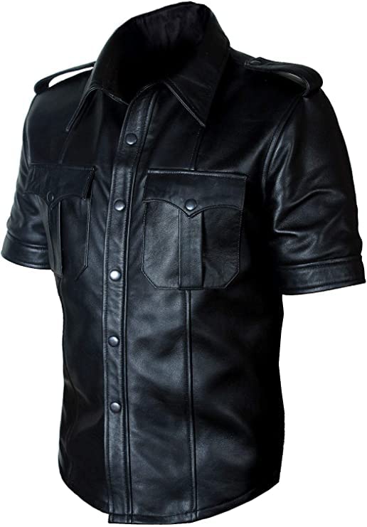 Genuine Sheep Leather Police Uniform Shirt for Men - Premium Real Leather Tactical Shirt for Law Enforcement, Cosplay & BLUF Events - Durable & Stylish Leather Shirt for Gay Men & Fashion Enthusiasts